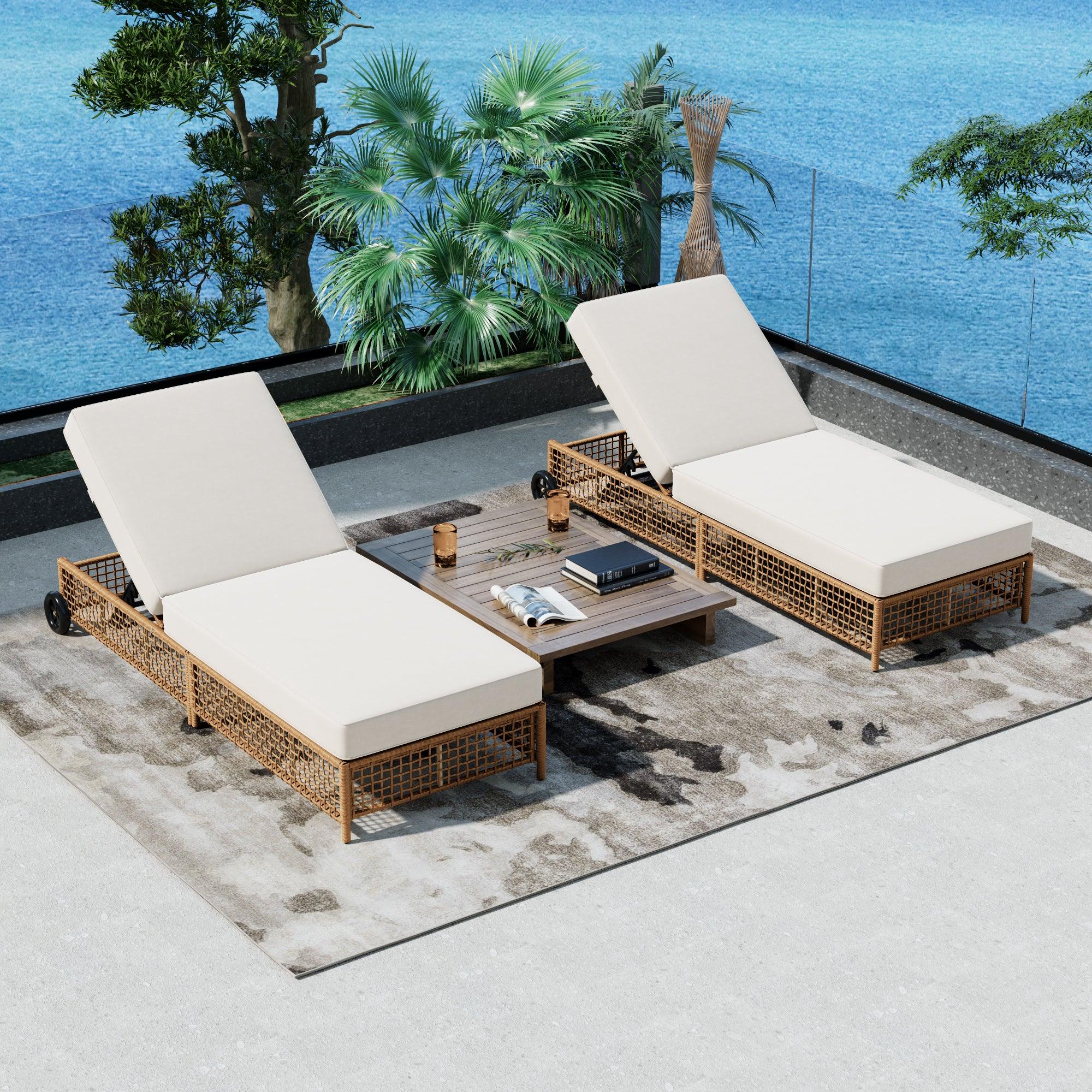 Sillón de exterior, tumbona de patio con respaldo de 5 posiciones, sillón de ratán con cojín y ruedas para piscina, patio y jardín.