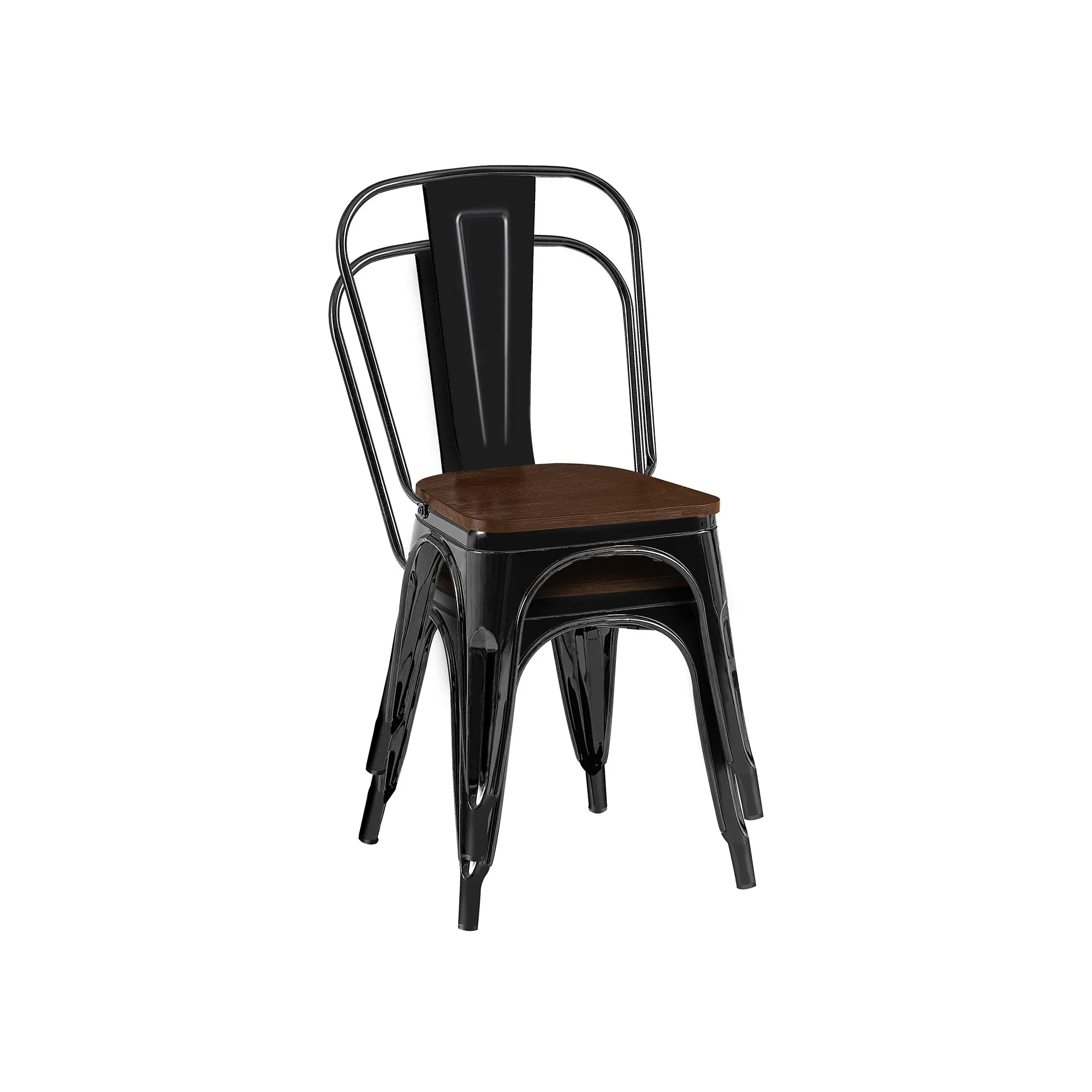 Set of 4 Industrial Metal Stackable Dining Chairs with Walnut Wooden Seat