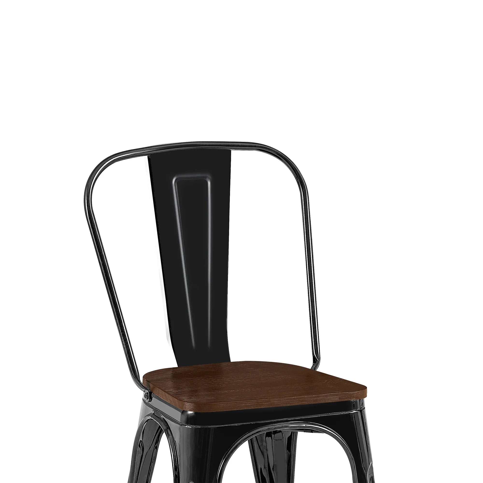 Set of 4 Industrial Metal Stackable Dining Chairs with Walnut Wooden Seat