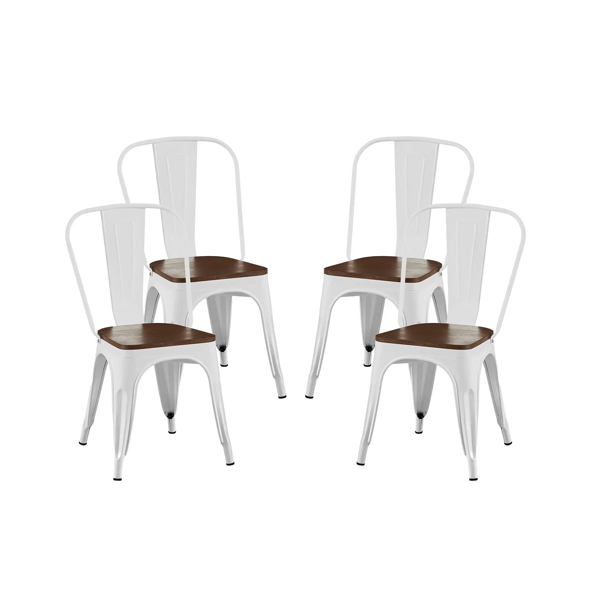 Set of 4 Industrial Metal Stackable Dining Chairs with Walnut Wooden Seat