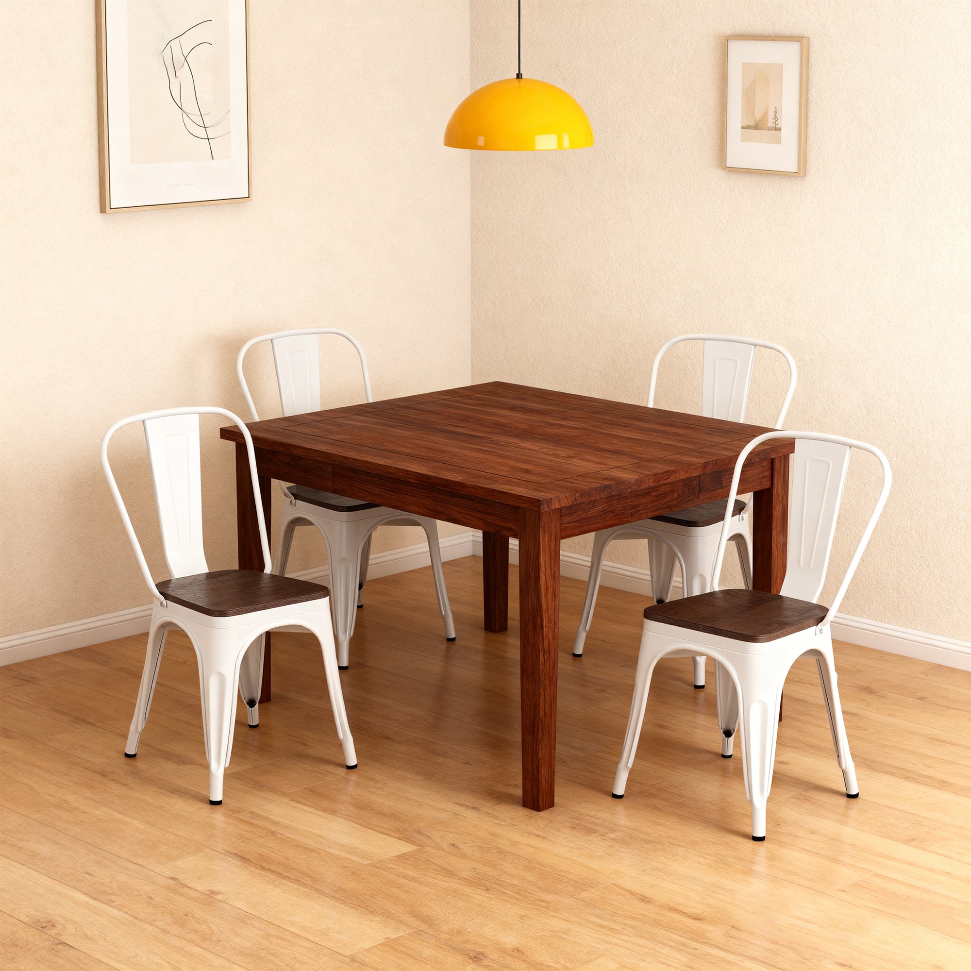 Set of 4 Industrial Metal Stackable Dining Chairs with Walnut Wooden Seat