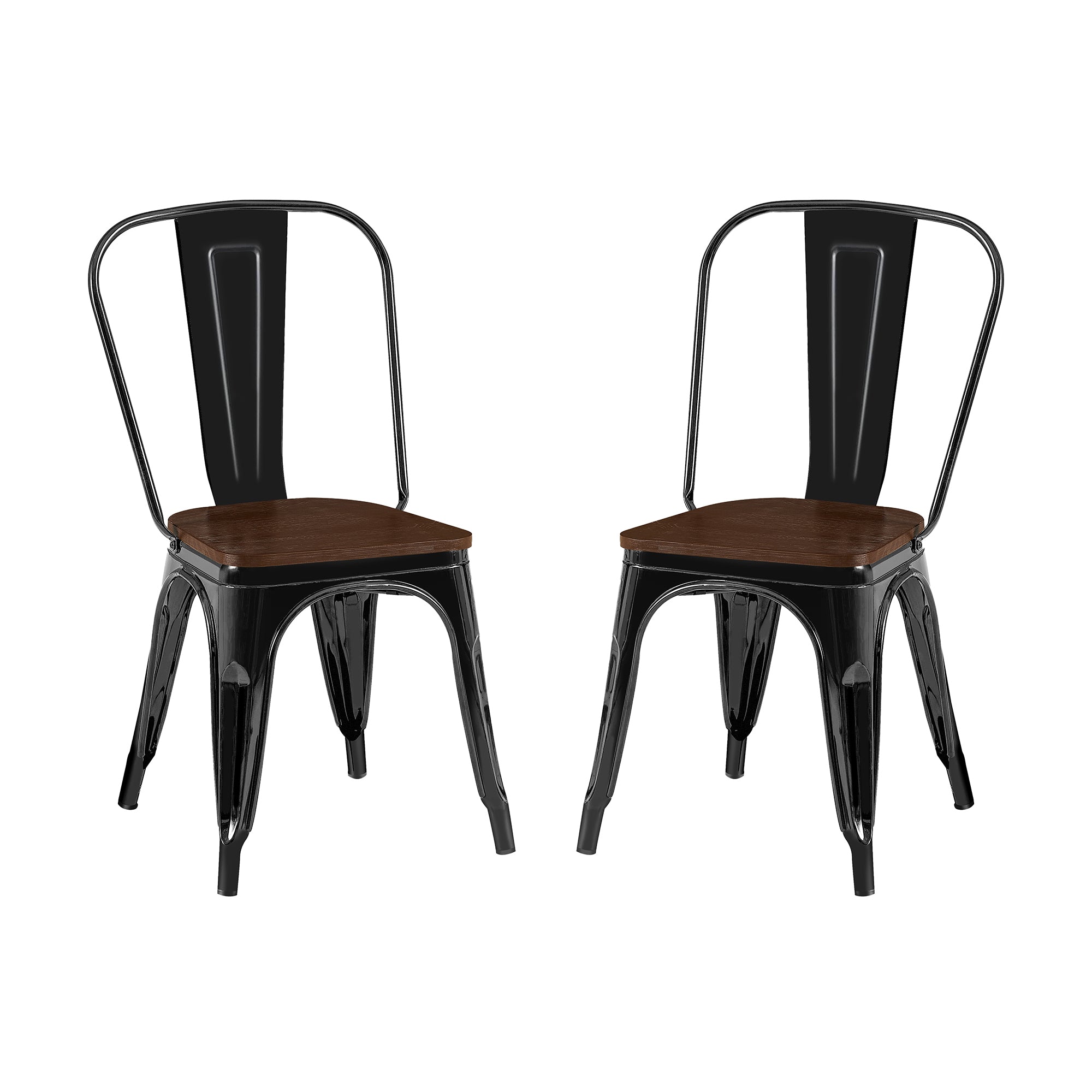 Set of 2 Industrial Metal Stackable Dining Chairs with Walnut Wooden Seat