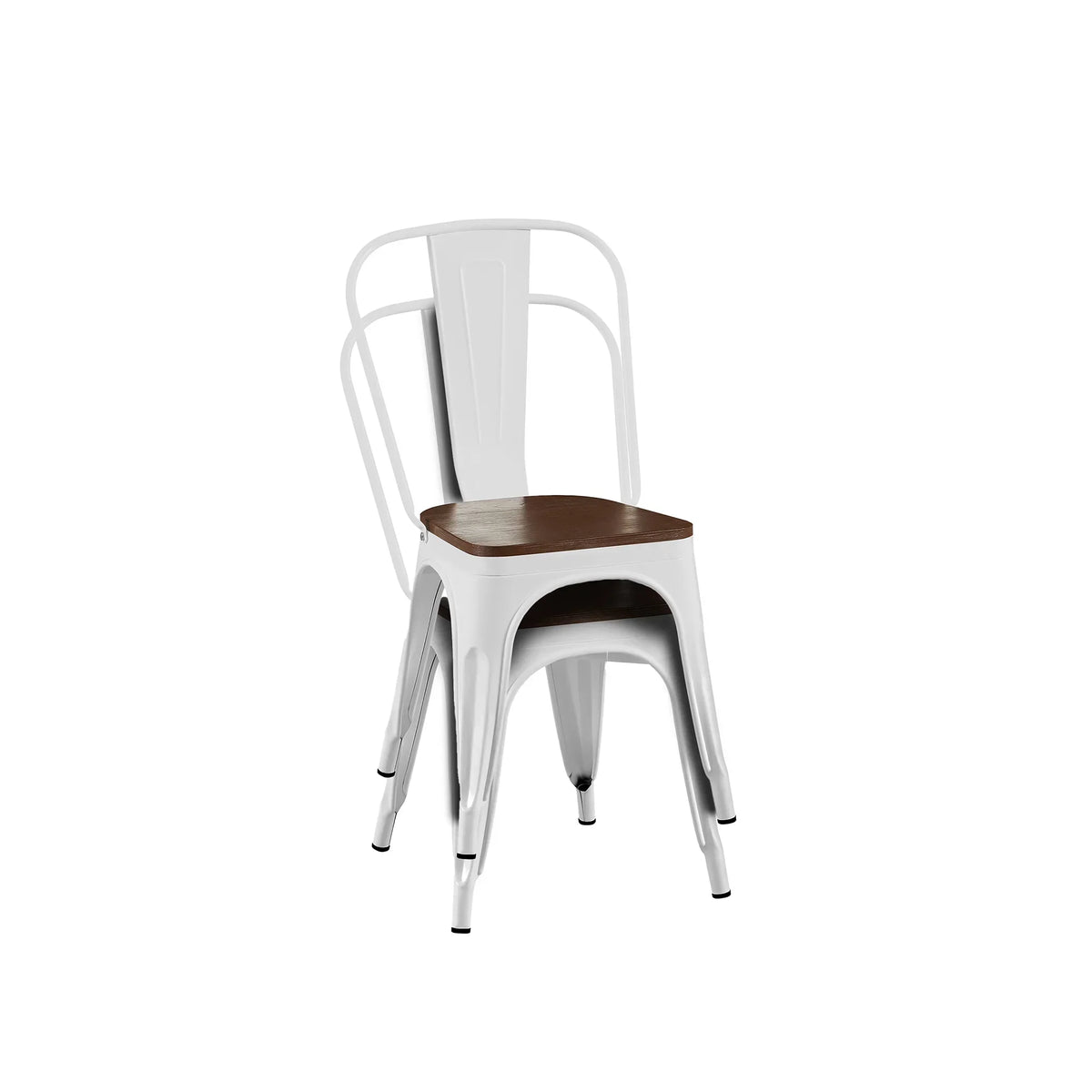 Set of 2 Industrial Metal Stackable Dining Chairs with Walnut Wooden Seat