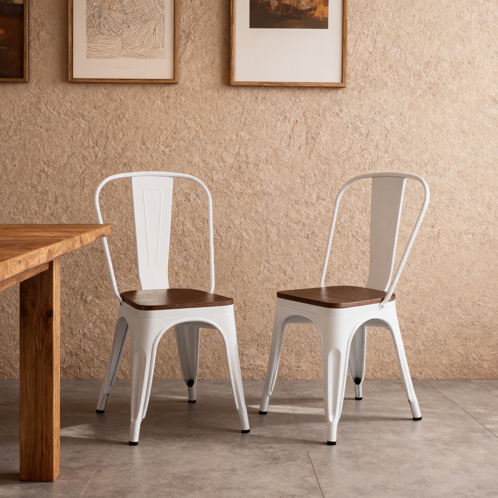 Set of 2 Industrial Metal Stackable Dining Chairs with Walnut Wooden Seat