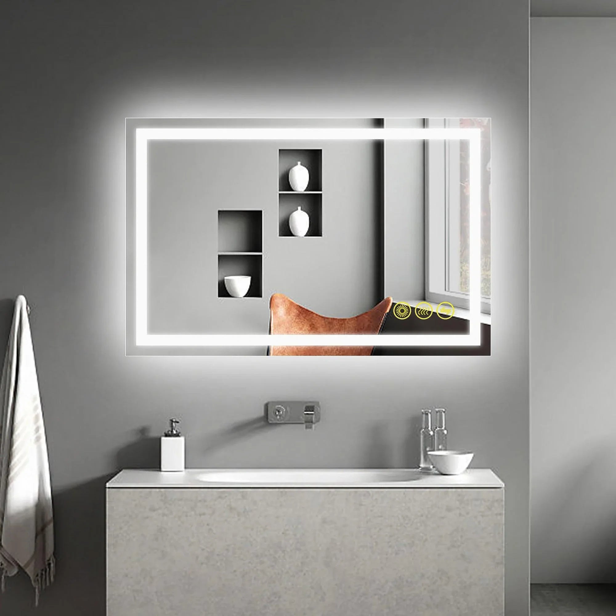 Espejo de baño antivaho GlareGuard con iluminación LED y retroiluminación, interruptor táctil regulable