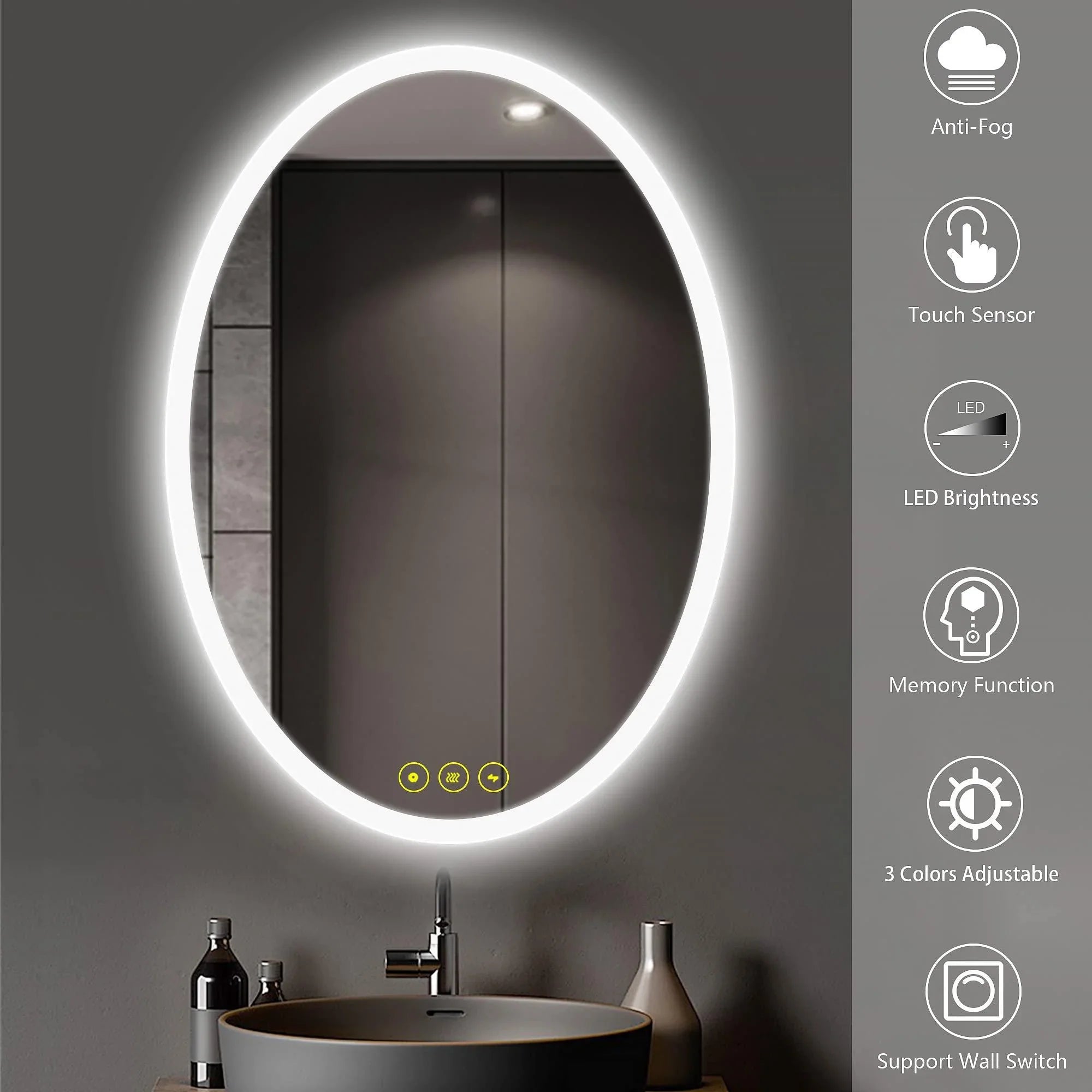 LuminaMirror Oval Frameless LED Anti-Fog Dimmable Bathroom Vanity Mirror