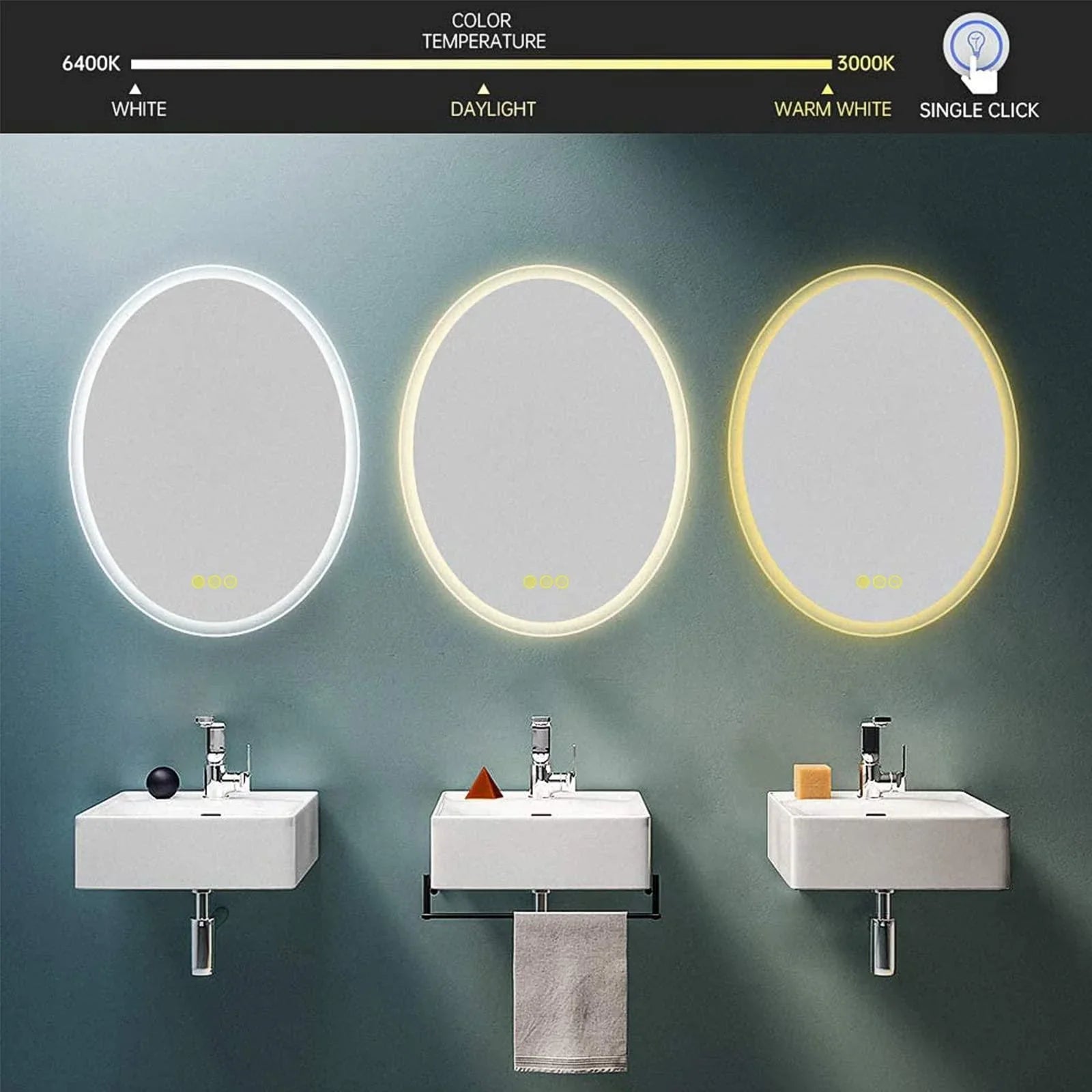 LuminaMirror Oval Frameless LED Anti-Fog Dimmable Bathroom Vanity Mirror