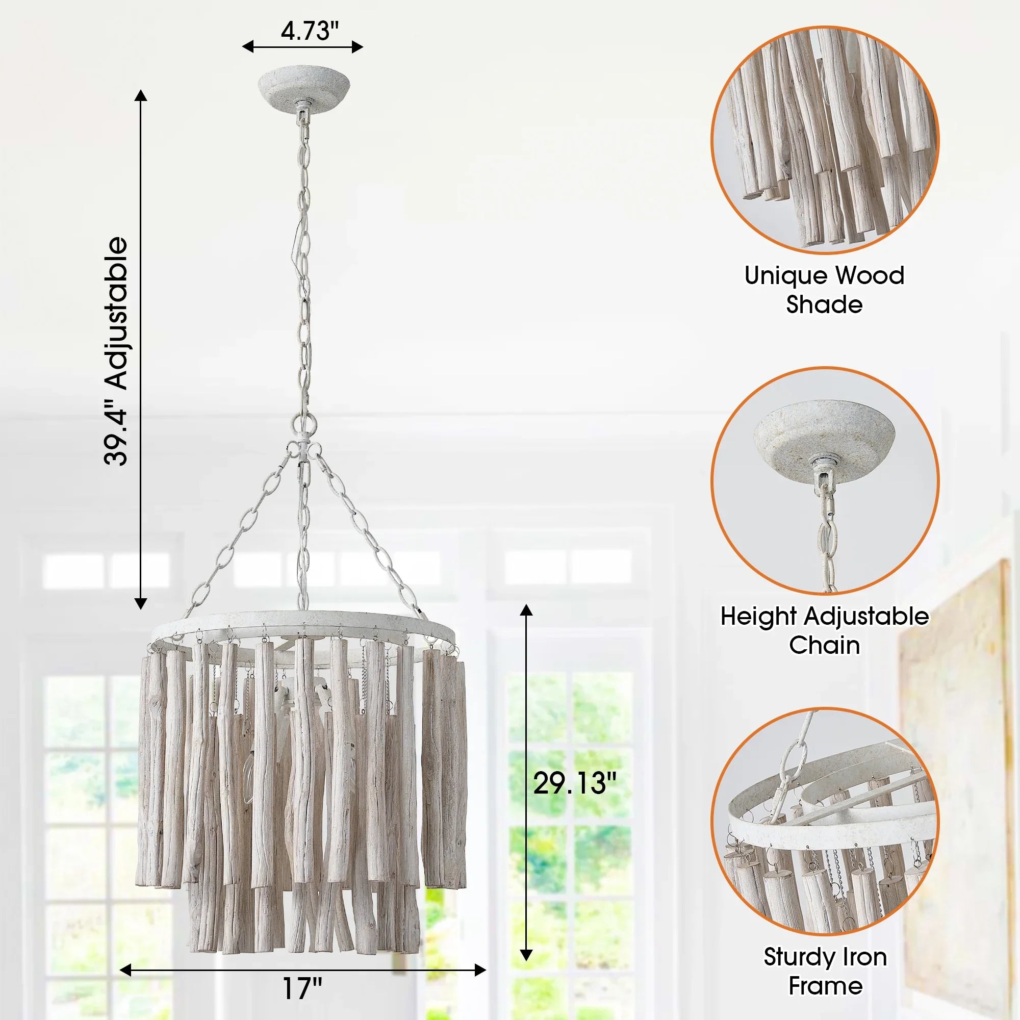 17 Inch Milo 4-Light White Wooden Chandelier