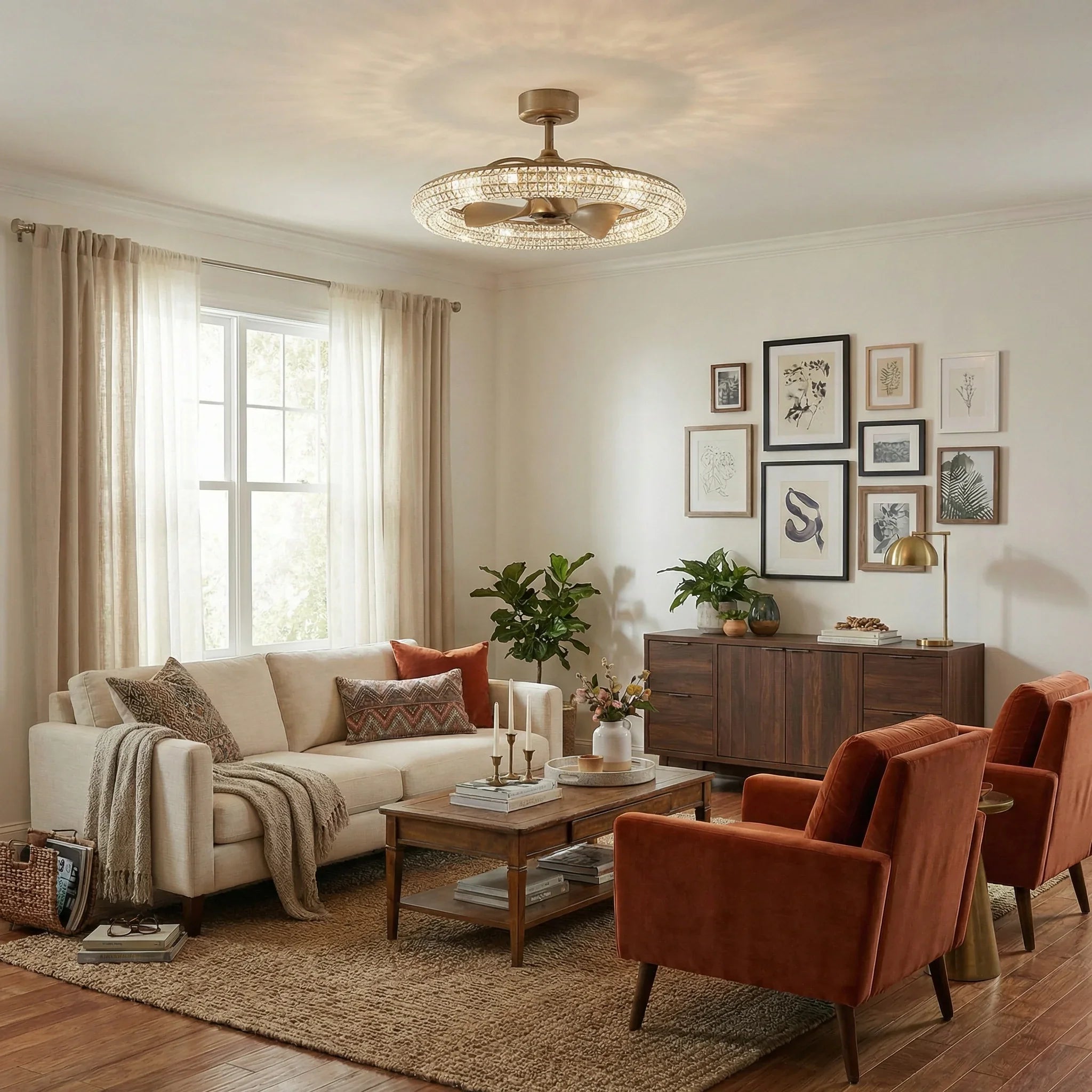 Ventilador de techo moderno de cristal con motor de CC de 33", iluminación y control remoto