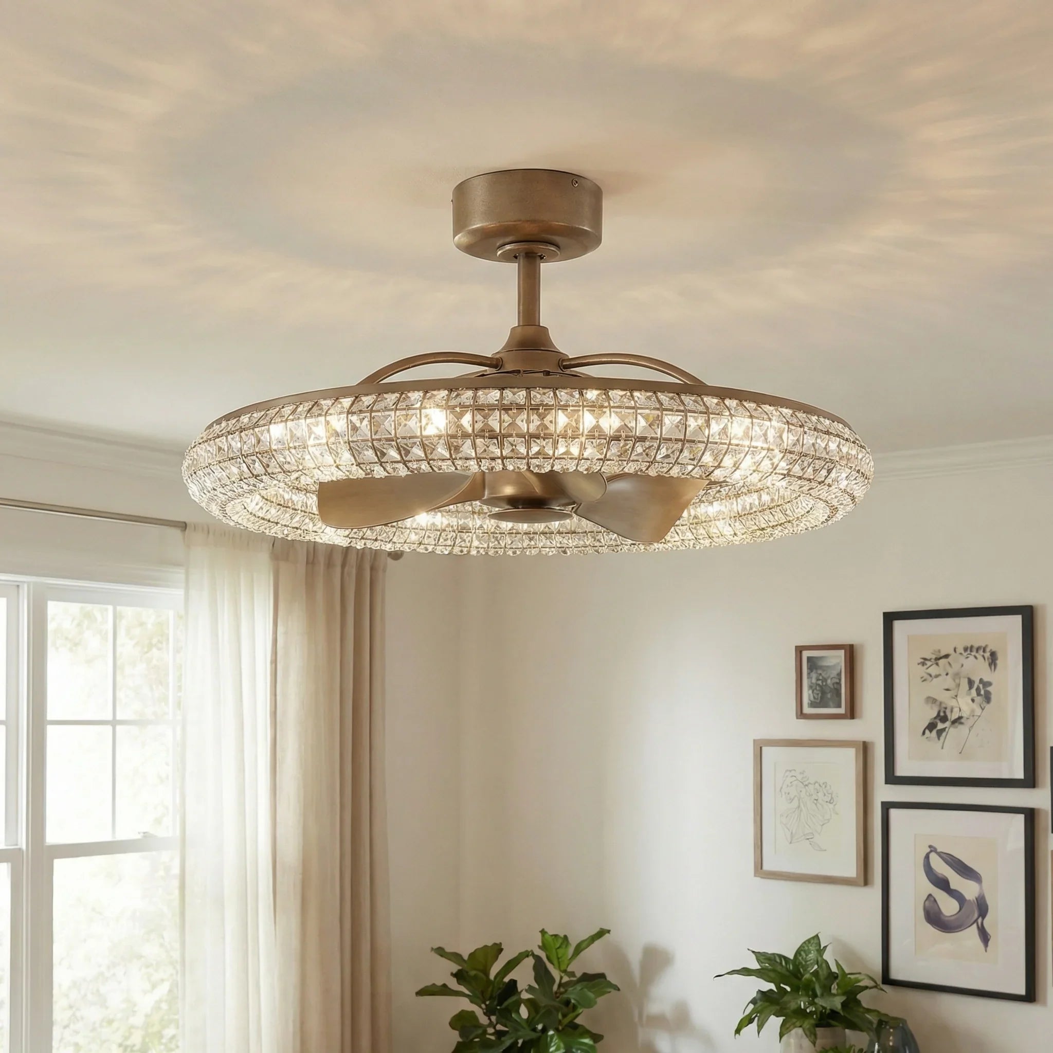 Ventilador de techo moderno de cristal con motor de CC de 33", iluminación y control remoto
