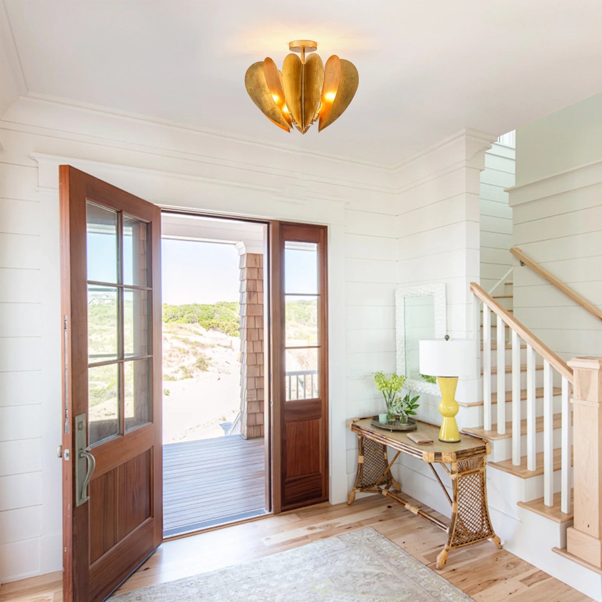 19 Inch Elvira 6-Light Farmhouse Vintage Distressed Golden Semi-Flush Mount Ceiling Light