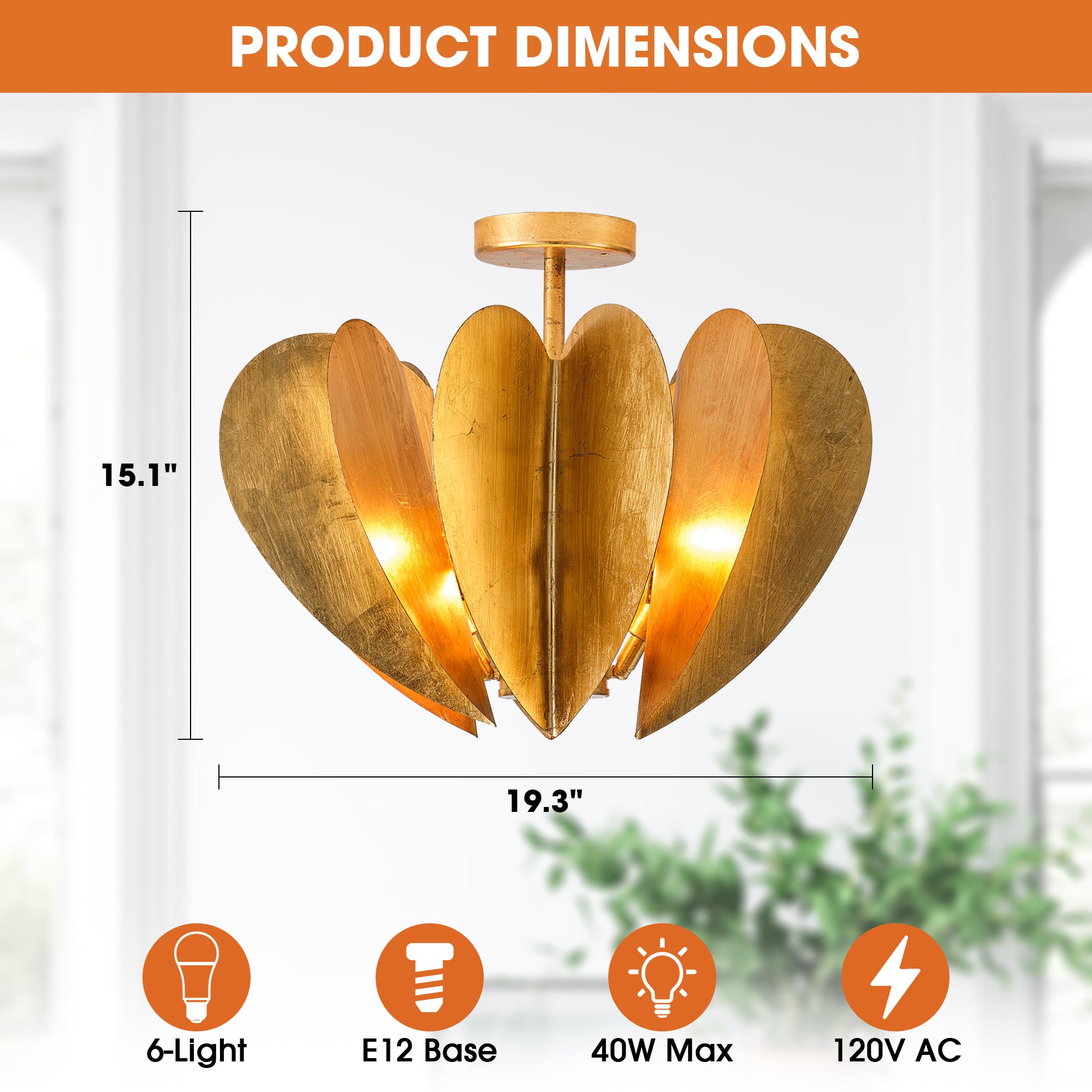 19 Inch Elvira 6-Light Farmhouse Vintage Distressed Golden Semi-Flush Mount Ceiling Light