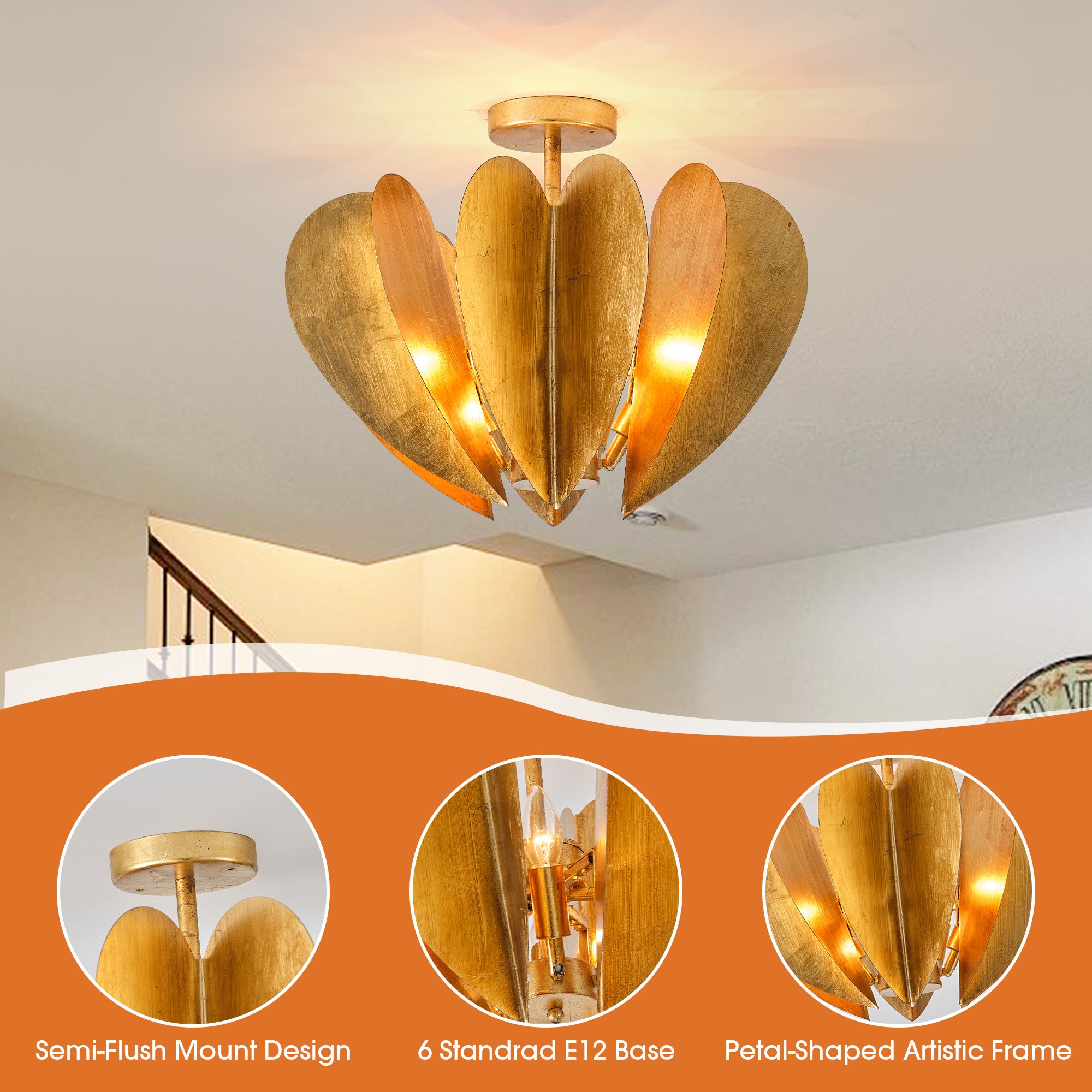 19 Inch Elvira 6-Light Farmhouse Vintage Distressed Golden Semi-Flush Mount Ceiling Light