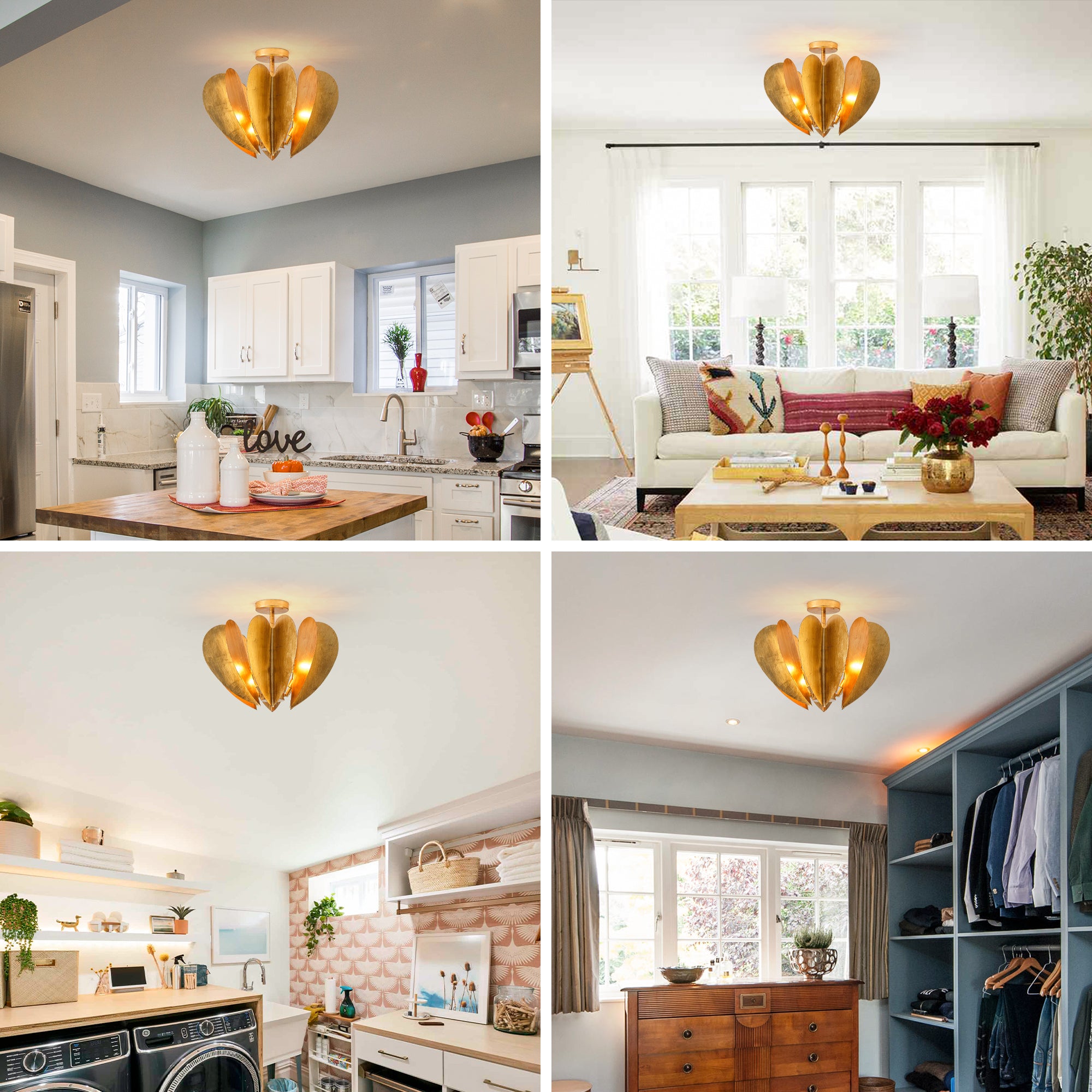 19 Inch Elvira 6-Light Farmhouse Vintage Distressed Golden Semi-Flush Mount Ceiling Light