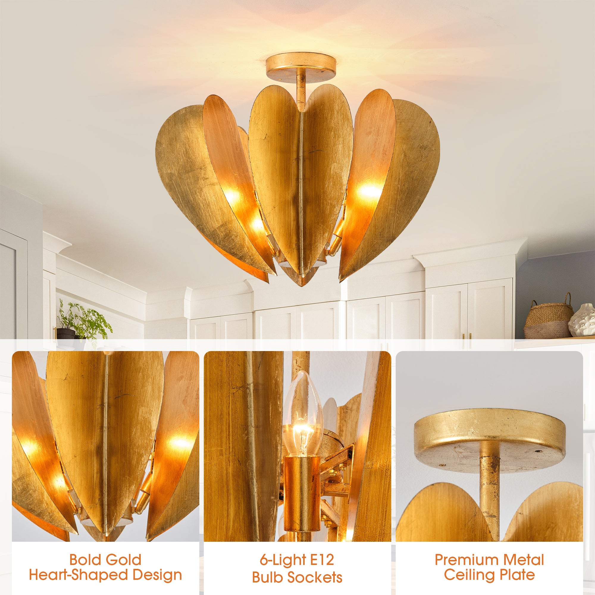 19 Inch Elvira 6-Light Farmhouse Vintage Distressed Golden Semi-Flush Mount Ceiling Light