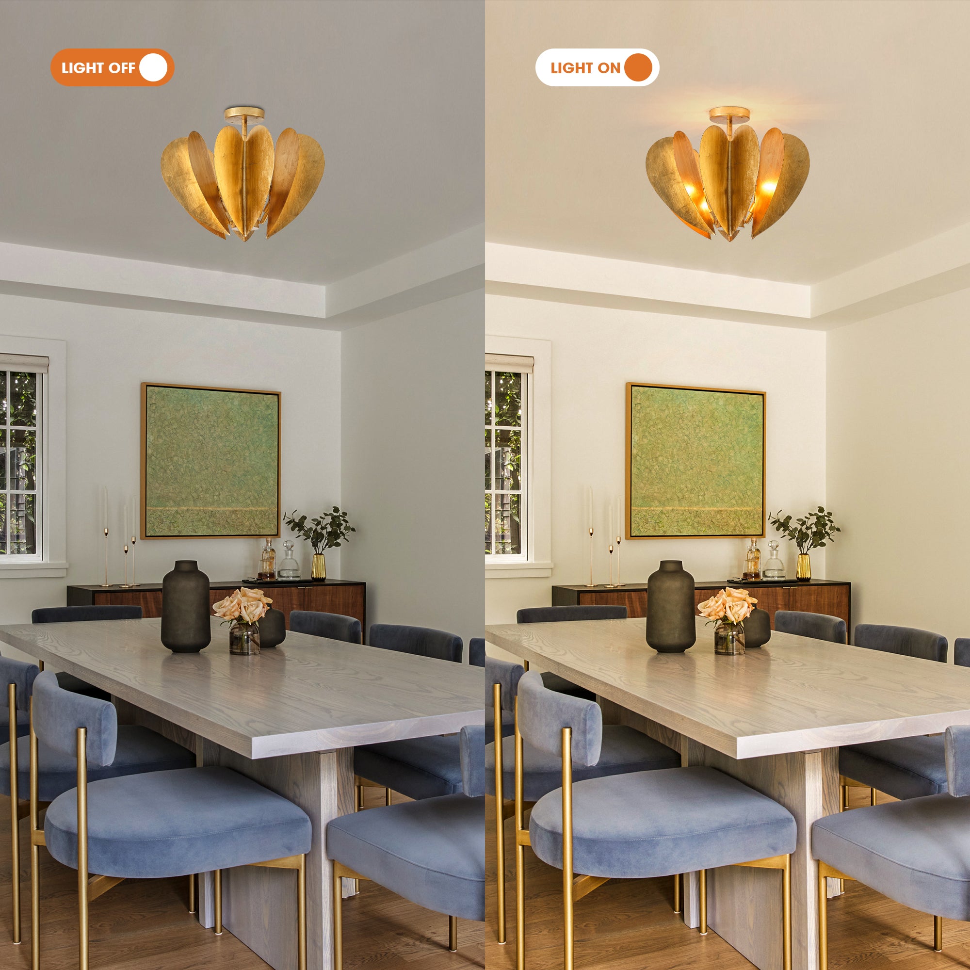 19 Inch Elvira 6-Light Farmhouse Vintage Distressed Golden Semi-Flush Mount Ceiling Light