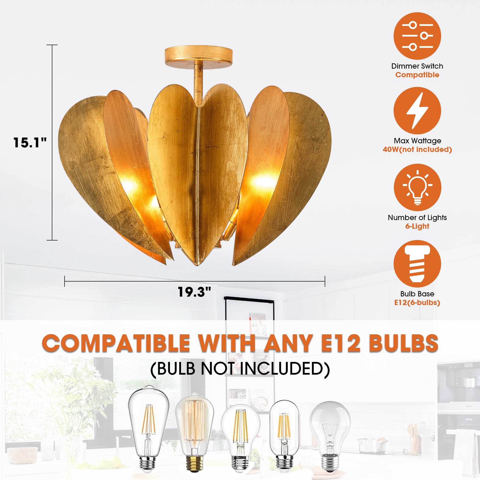 19 Inch Elvira 6-Light Farmhouse Vintage Distressed Golden Semi-Flush Mount Ceiling Light