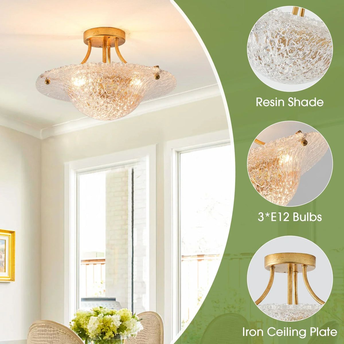 16 Inch Page 3-Light Vintage Golden Semi-Flush Mount Ceiling Light