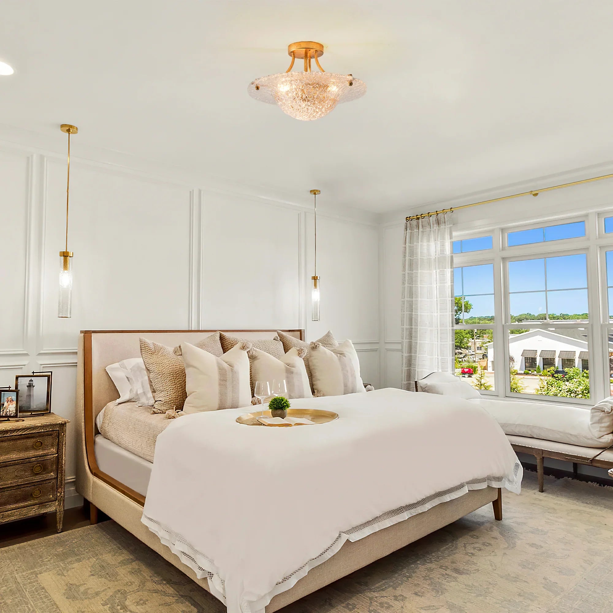 16 Inch Page 3-Light Vintage Golden Semi-Flush Mount Ceiling Light