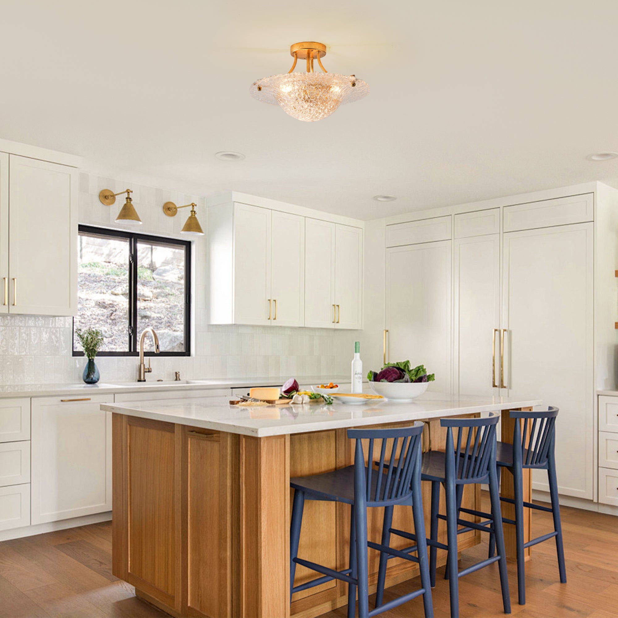 16 Inch Page 3-Light Vintage Golden Semi-Flush Mount Ceiling Light