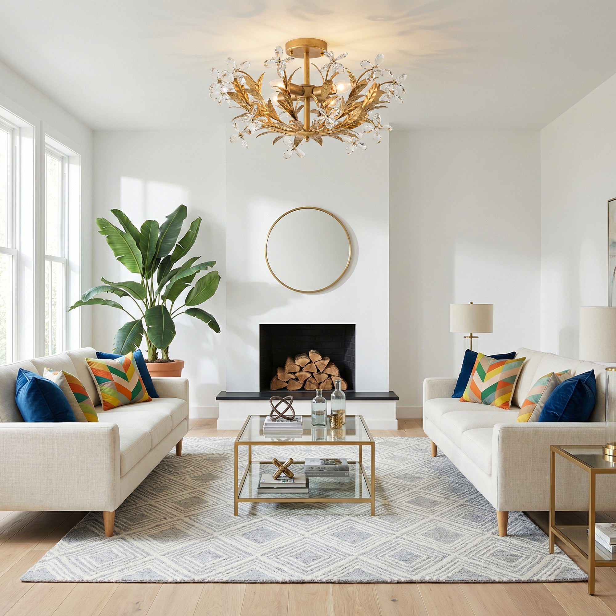 24" Quintion Golden Crystal Ornament Semi-Flush Mount Ceiling Light