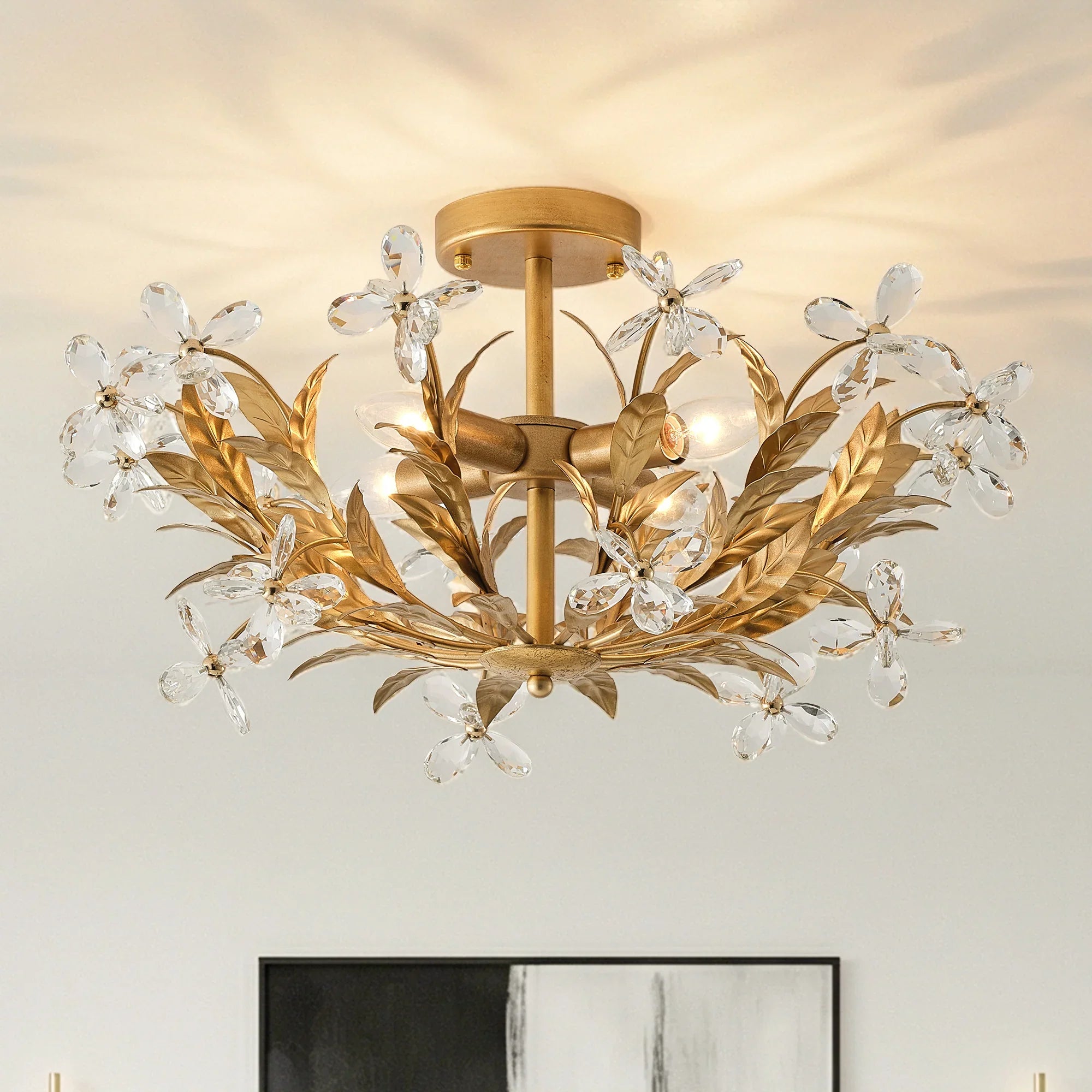 24" Quintion Golden Crystal Ornament Semi-Flush Mount Ceiling Light