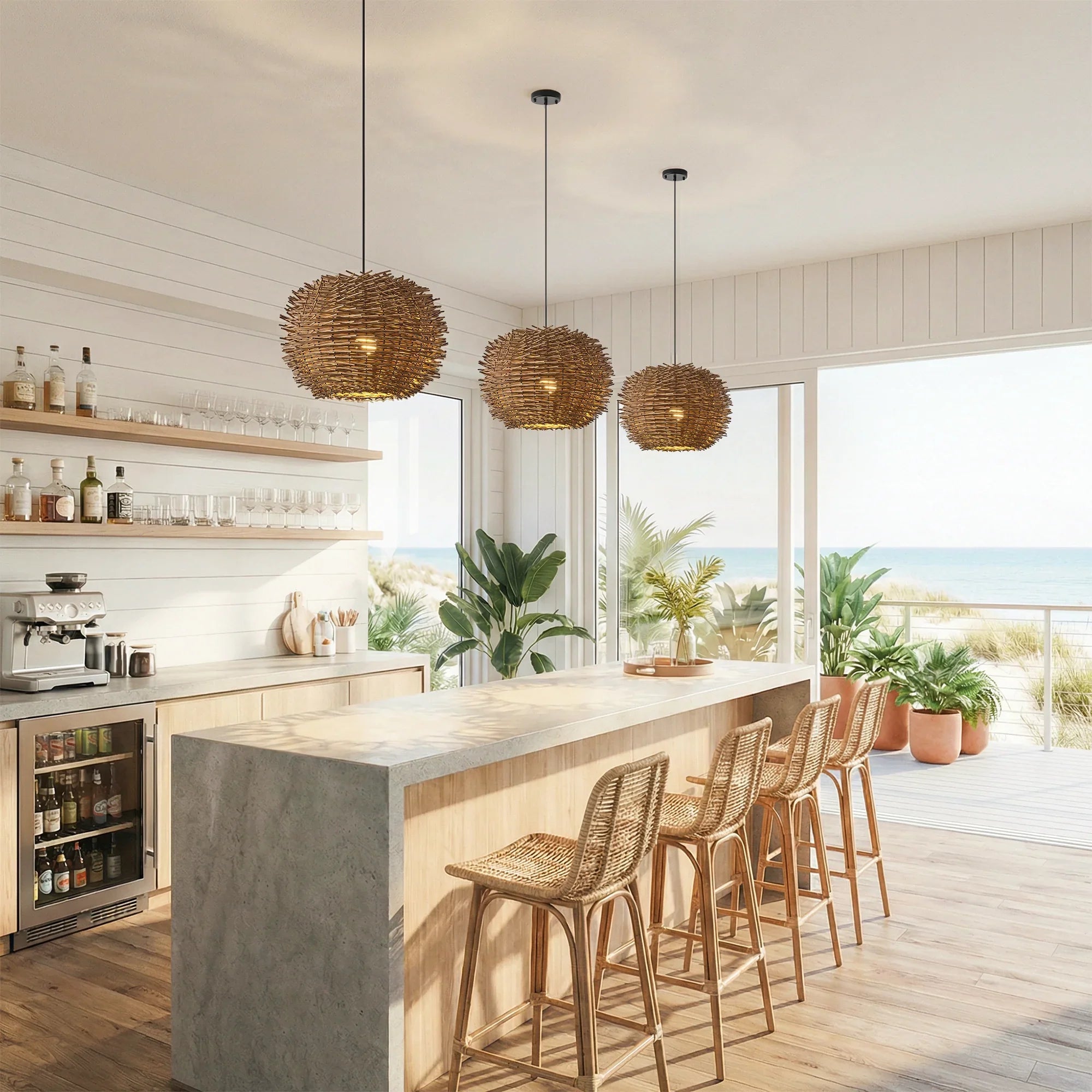 19" Stev Bohemian Handwoven Rattan Island Pendant Light