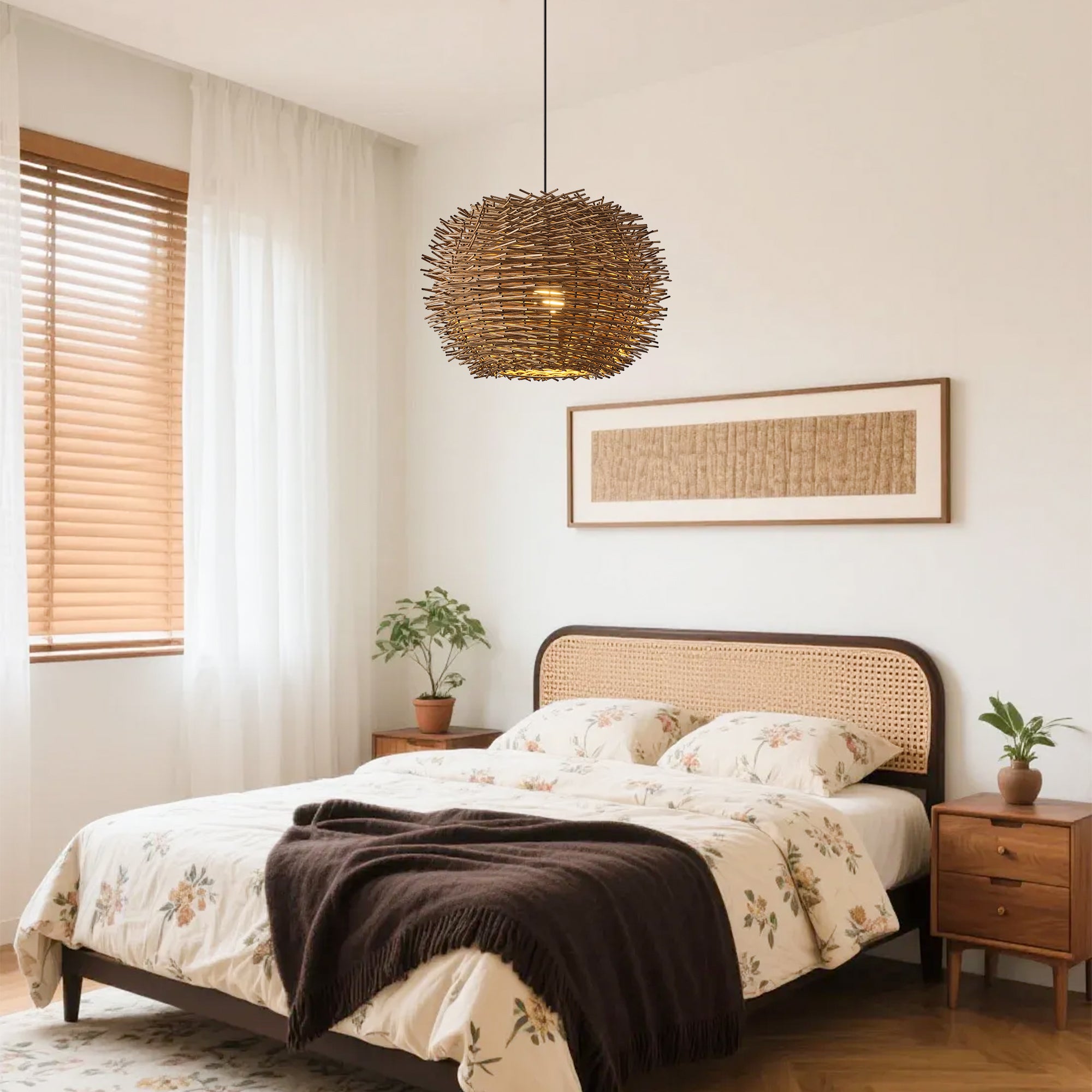 19" Stev Bohemian Handwoven Rattan Island Pendant Light