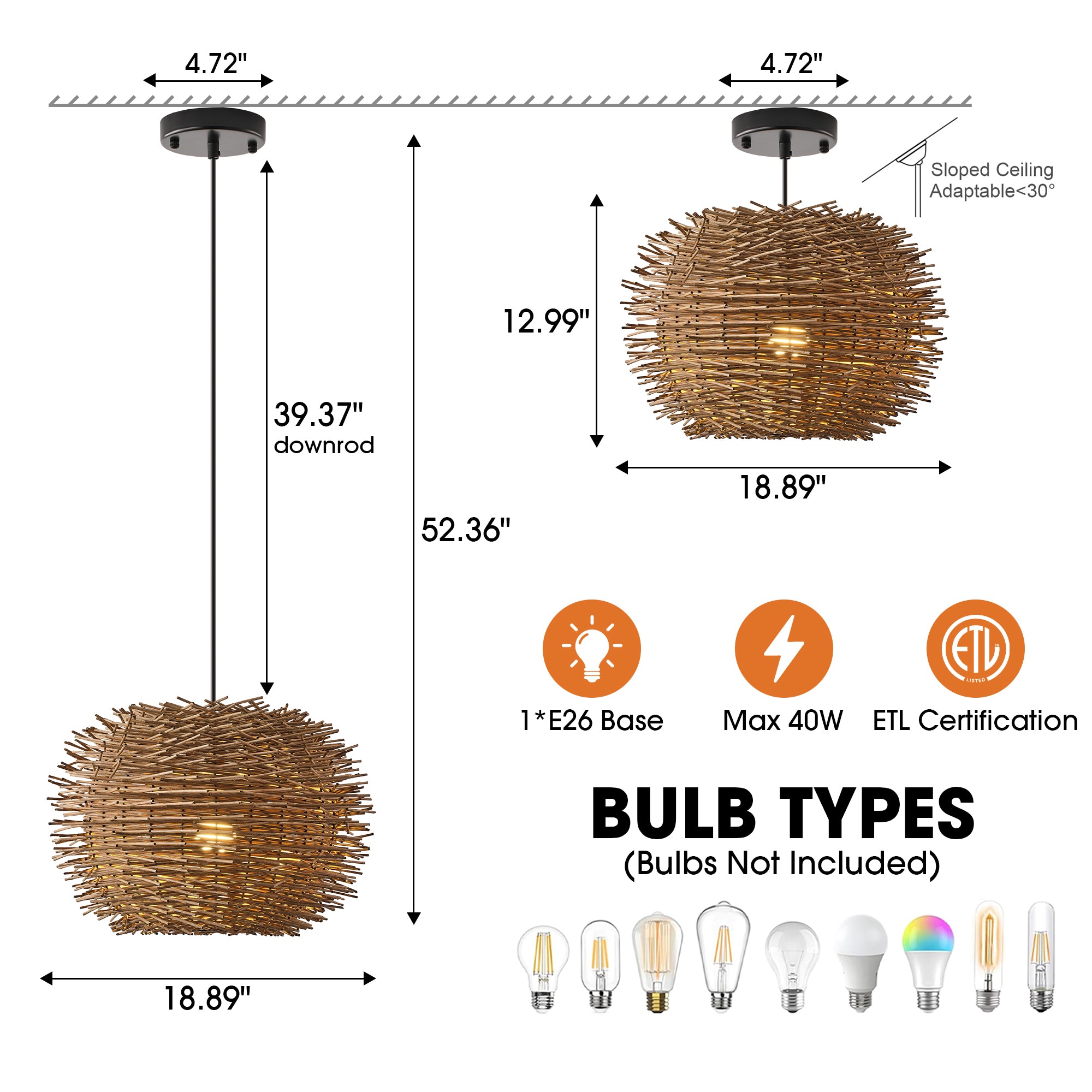 19" Stev Bohemian Handwoven Rattan Island Pendant Light