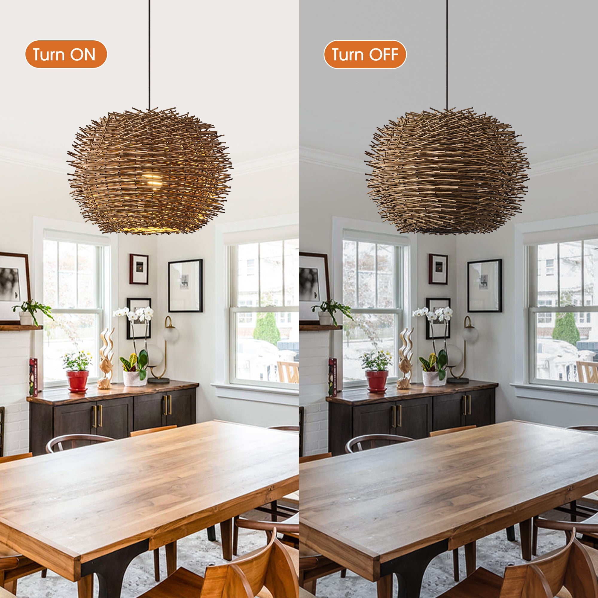 19" Stev Bohemian Handwoven Rattan Island Pendant Light