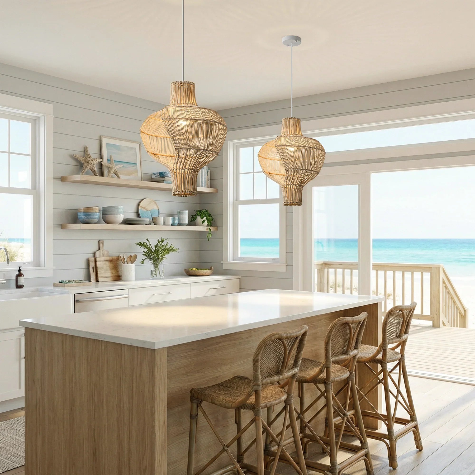 16" Sidney Bohemian Handwoven Rattan Island Pendant Light