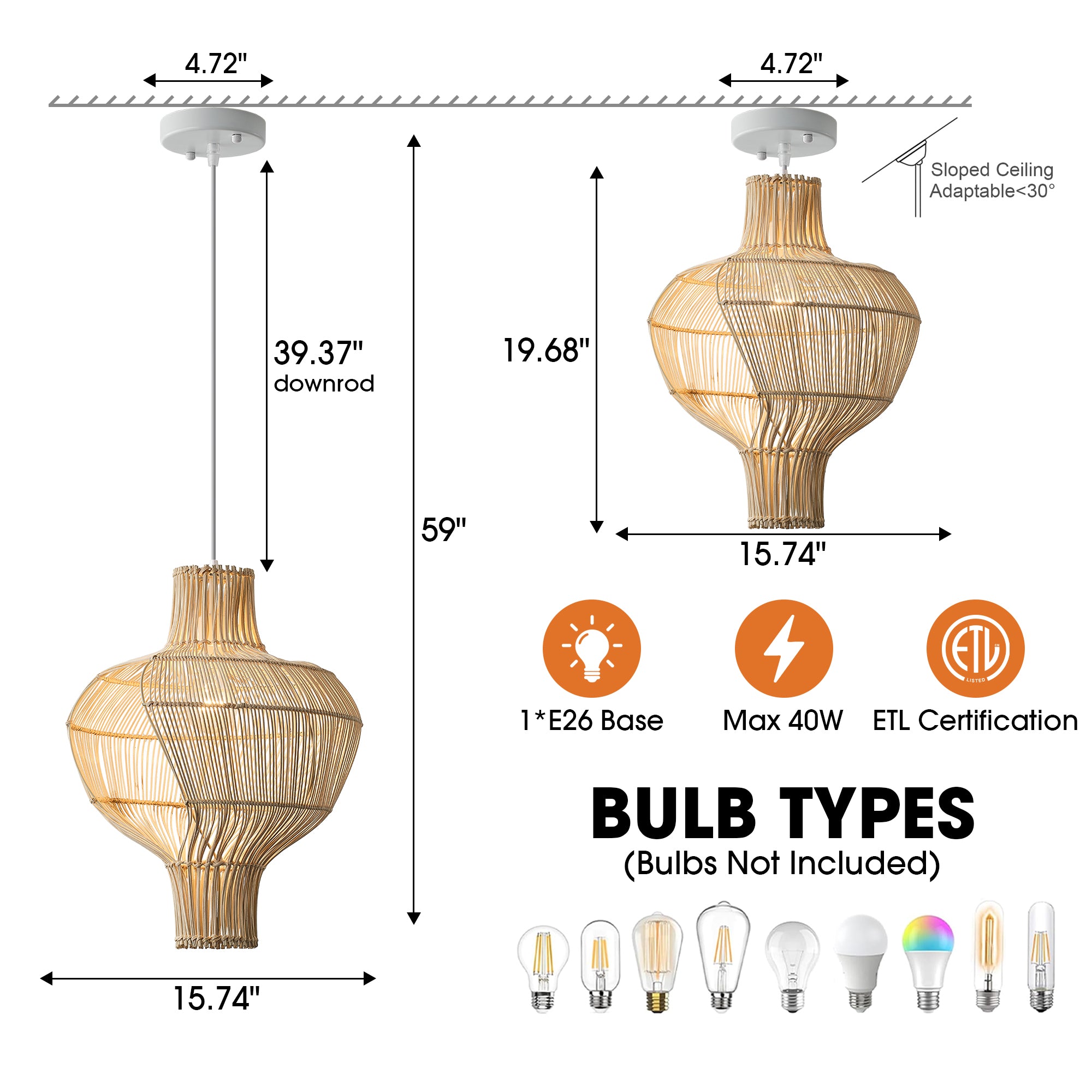 16" Sidney Bohemian Handwoven Rattan Island Pendant Light