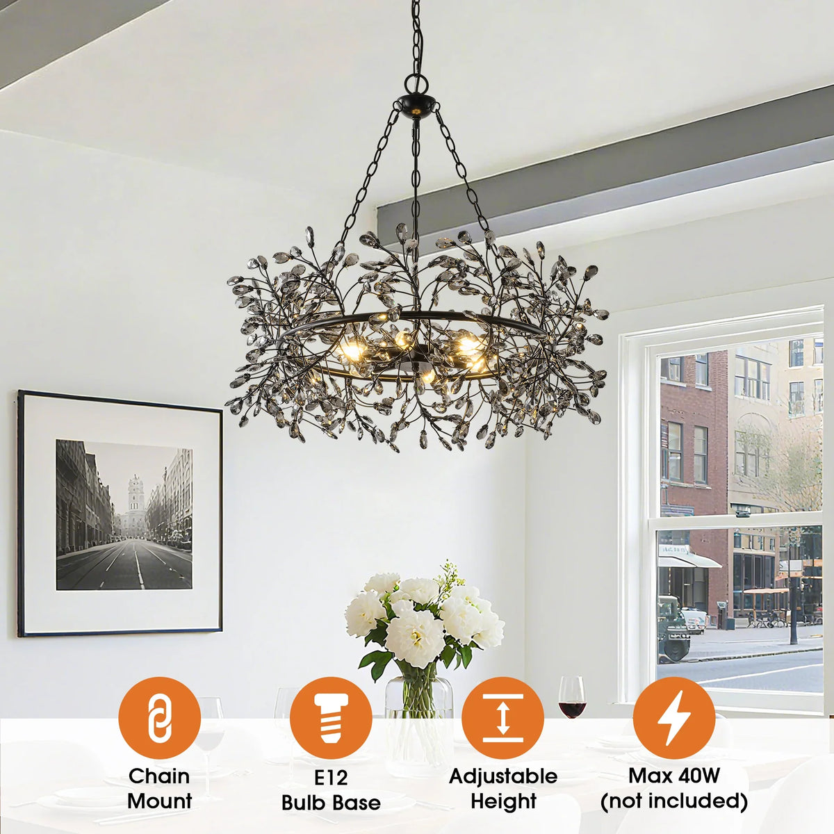 31 Inch Saxon 6-Light Black Crystal Ornament Chandelier
