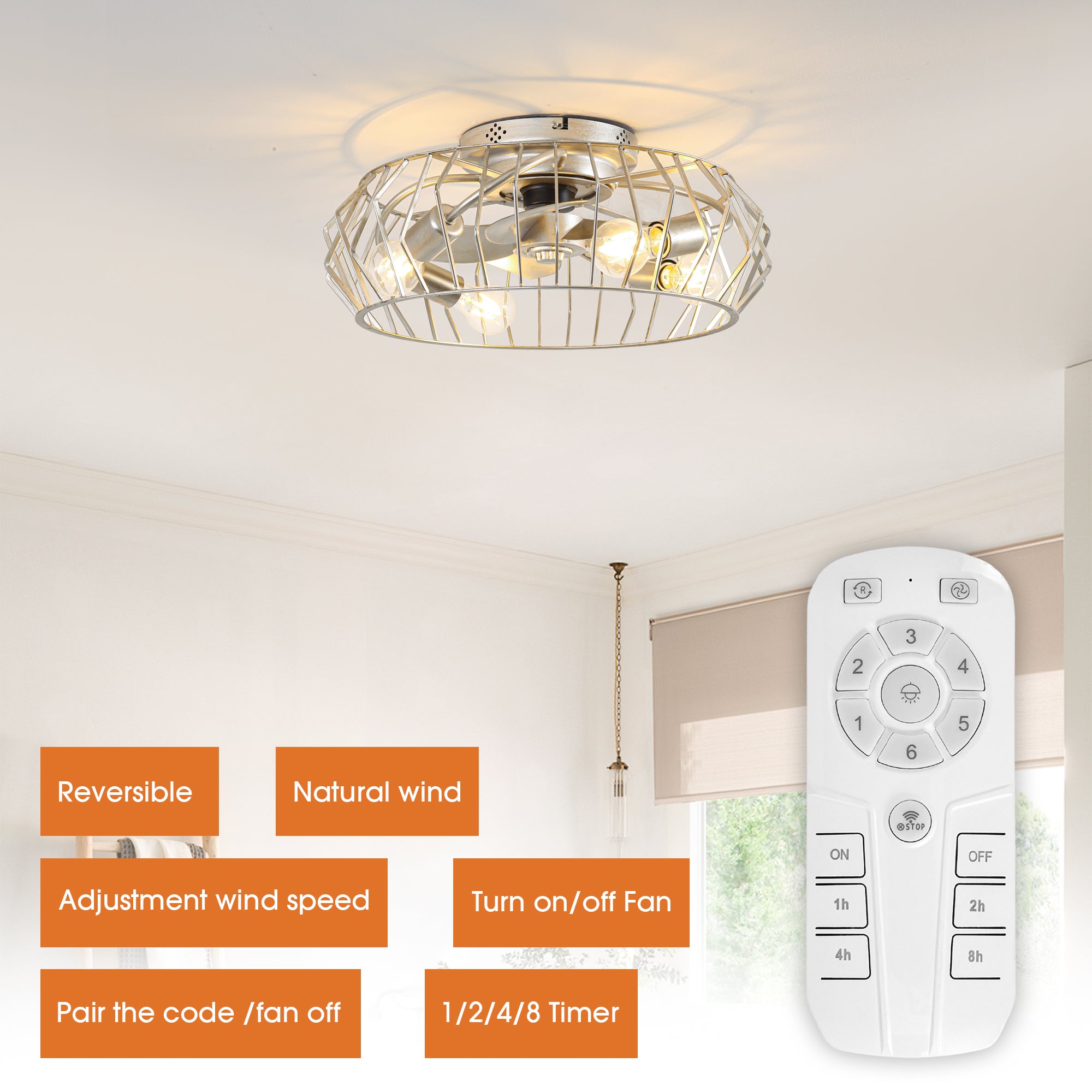 20 Inch Silver Flush Mount Ceiling Fan with Light APP and Remote Control