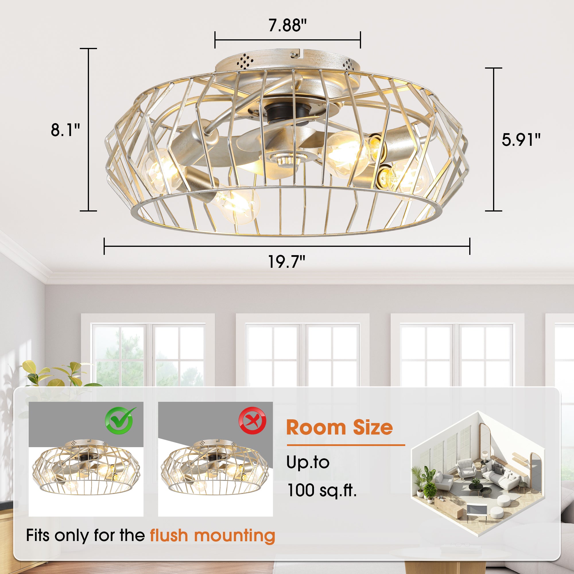 20 Inch Silver Flush Mount Ceiling Fan with Light APP and Remote Control