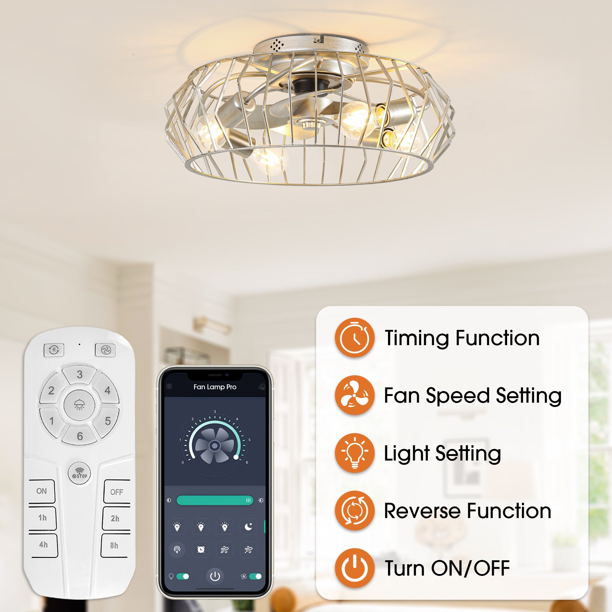 20 Inch Silver Flush Mount Ceiling Fan with Light APP and Remote Control