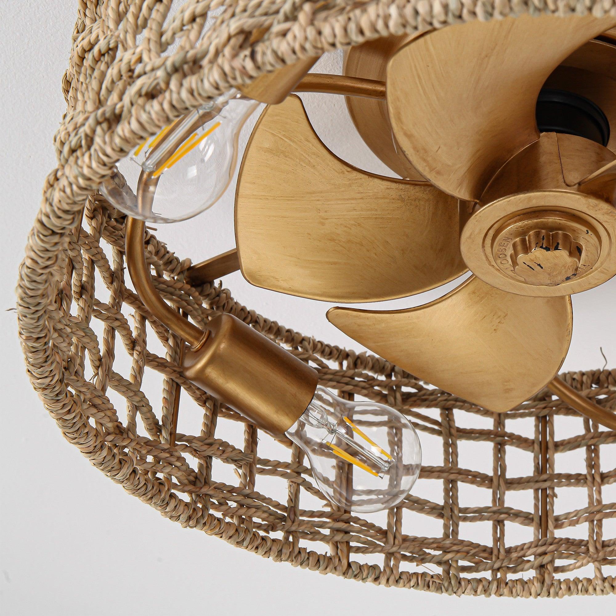 18 Inch Vintage Gold Farmhouse Rattan Flush Mount Ceiling Fan with Light APP and Remote Control