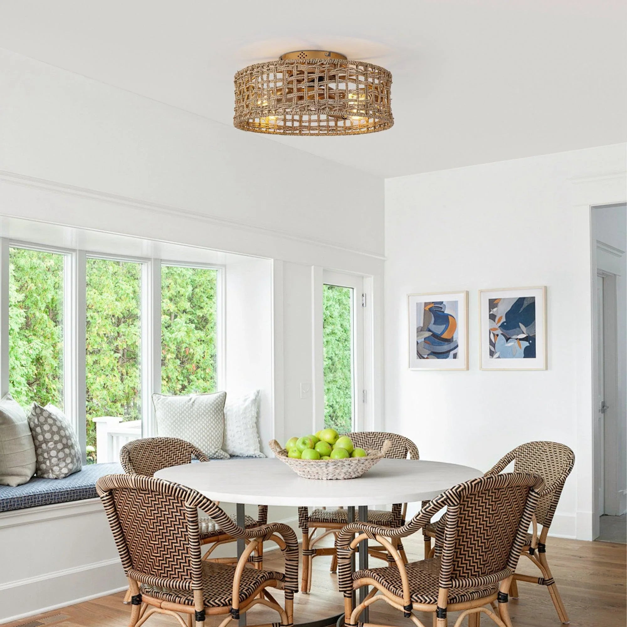 18 Inch Vintage Gold Farmhouse Rattan Flush Mount Ceiling Fan with Light APP and Remote Control