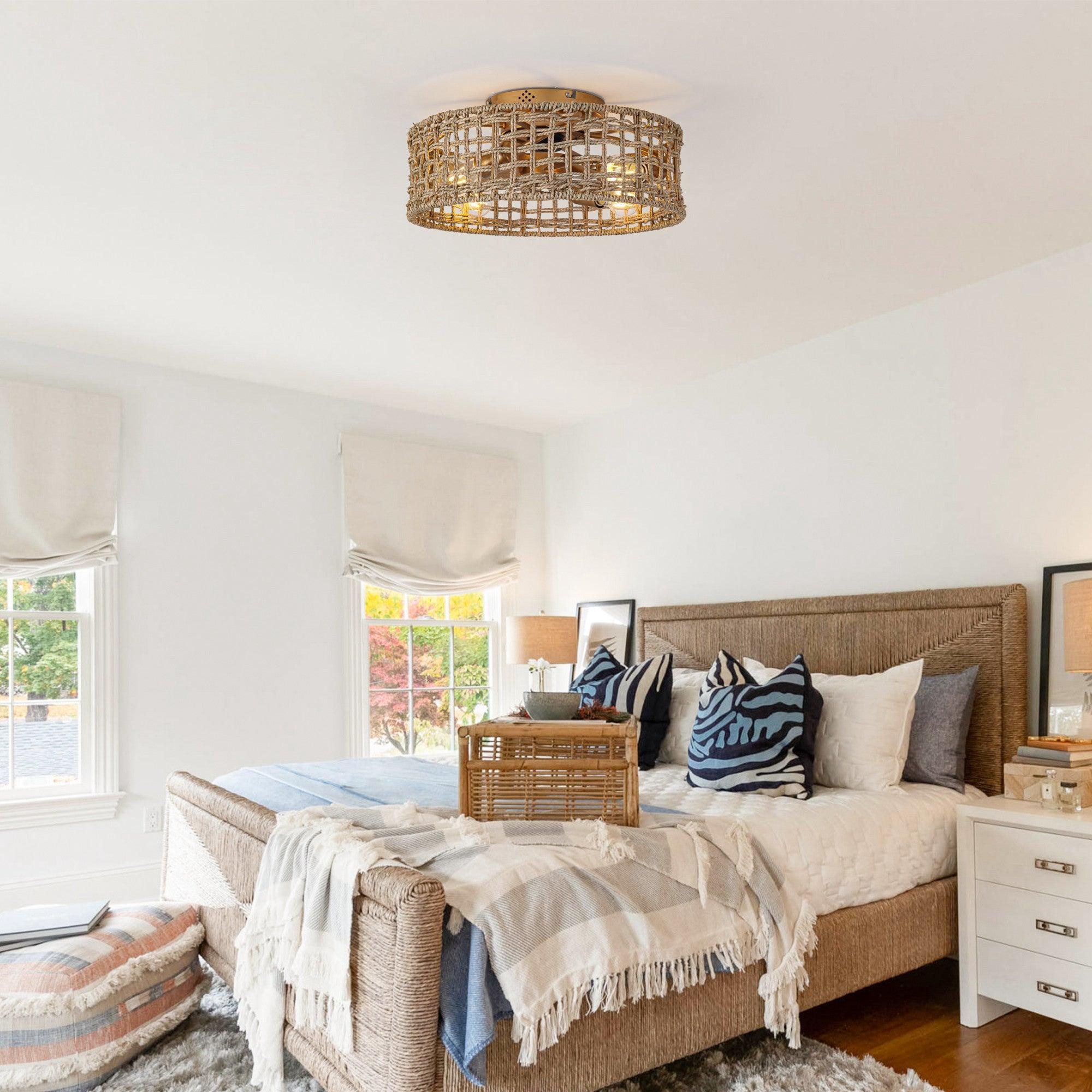 18 Inch Vintage Gold Farmhouse Rattan Flush Mount Ceiling Fan with Light APP and Remote Control