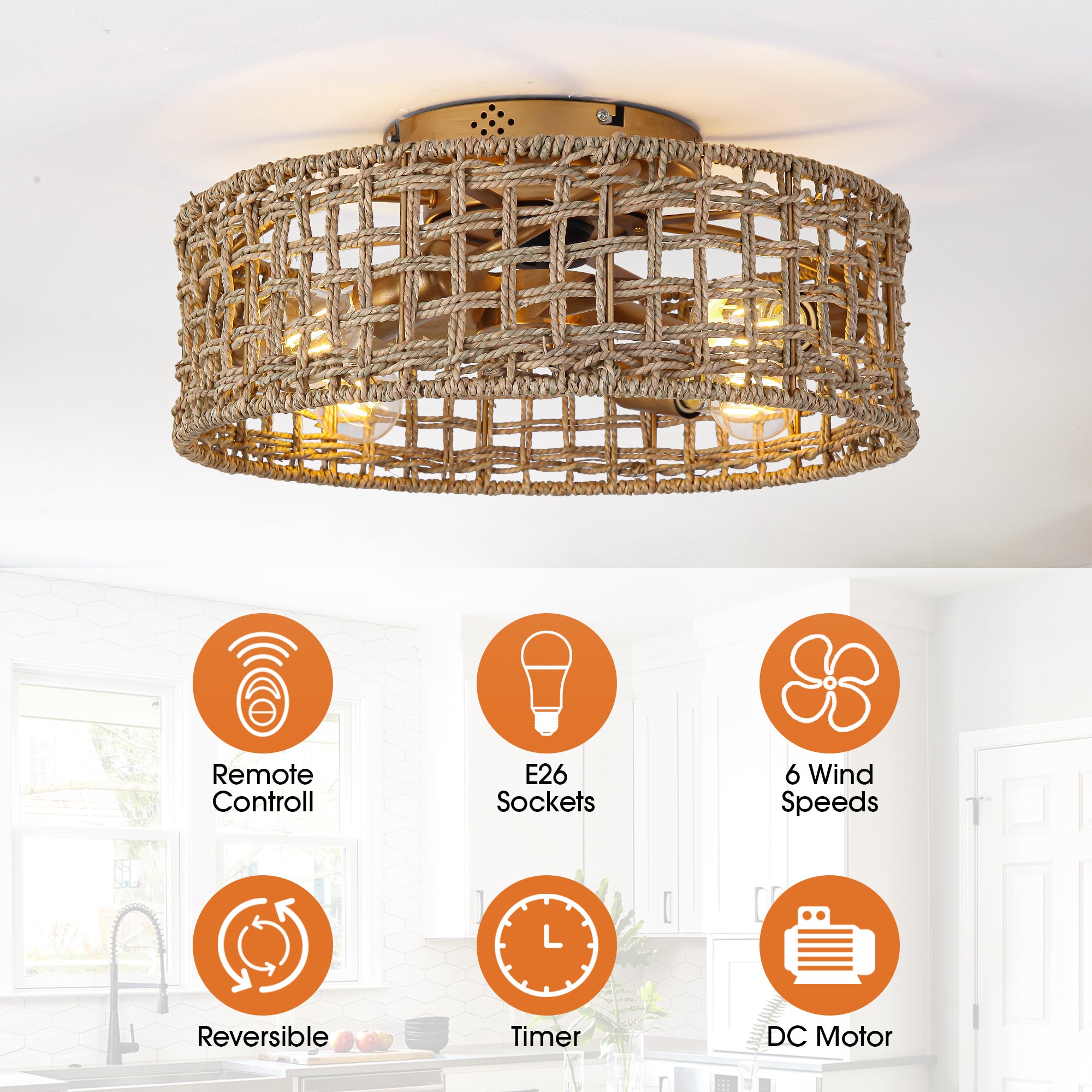18 Inch Vintage Gold Farmhouse Rattan Flush Mount Ceiling Fan with Light APP and Remote Control