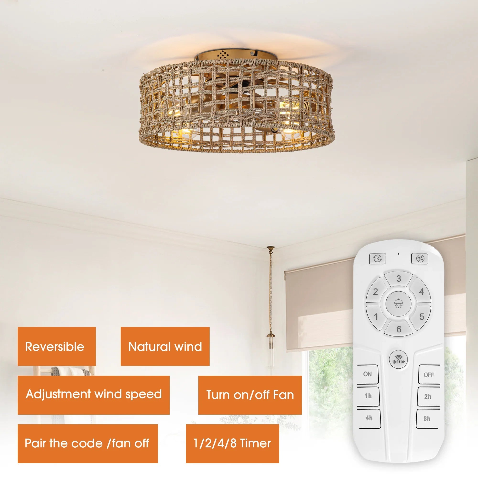 18 Inch Vintage Gold Farmhouse Rattan Flush Mount Ceiling Fan with Light APP and Remote Control