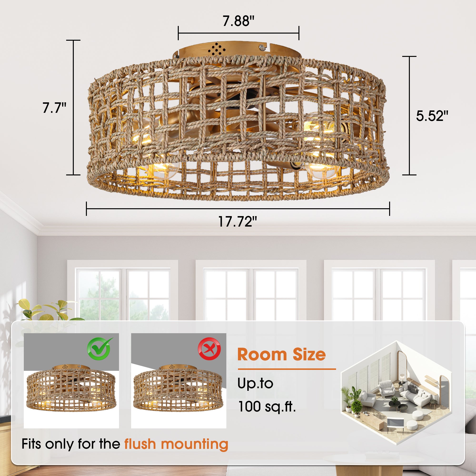 18 Inch Vintage Gold Farmhouse Rattan Flush Mount Ceiling Fan with Light APP and Remote Control