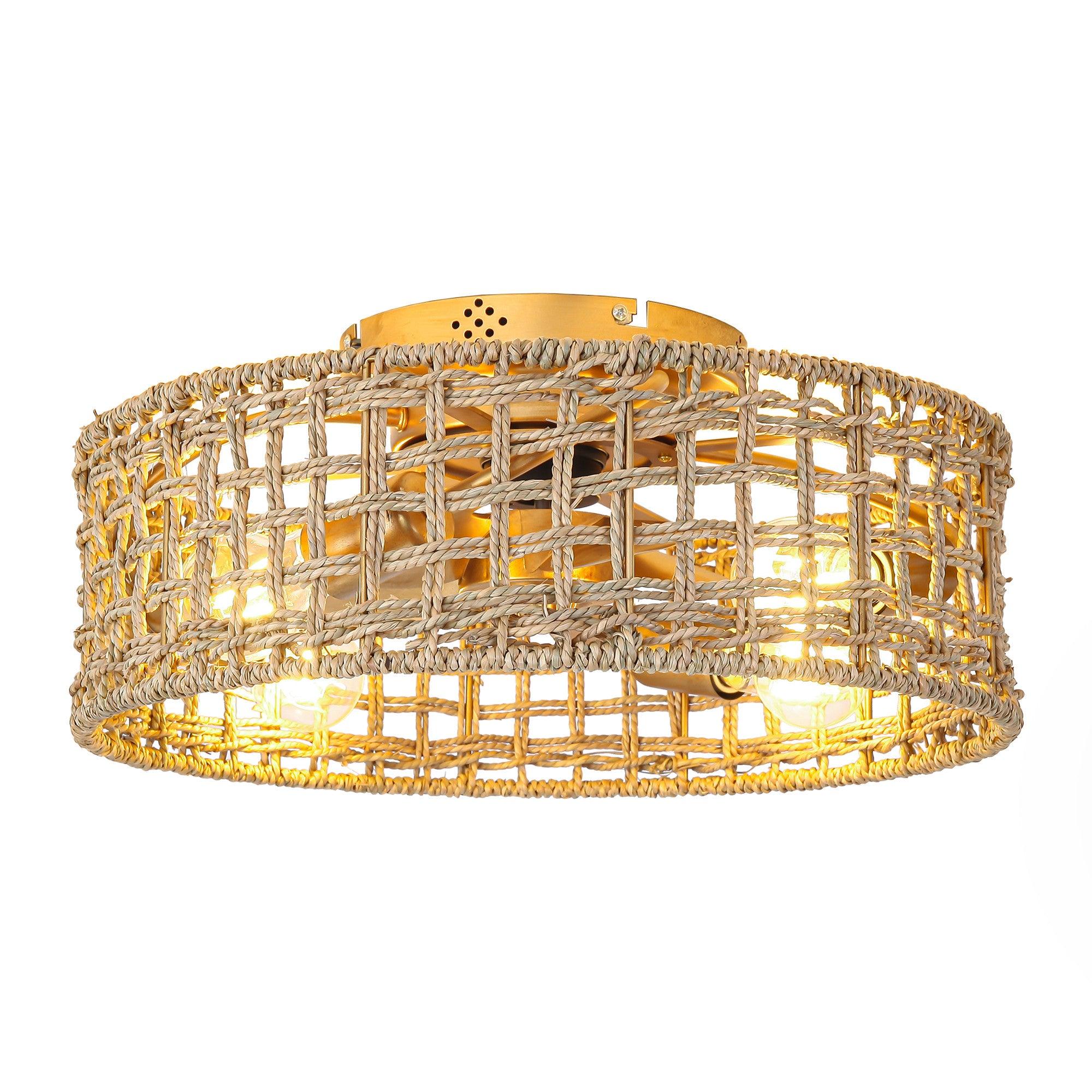 18 Inch Vintage Gold Farmhouse Rattan Flush Mount Ceiling Fan with Light APP and Remote Control