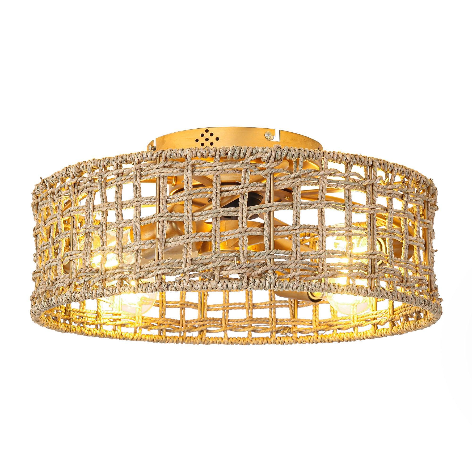 18 Inch Vintage Gold Farmhouse Rattan Flush Mount Ceiling Fan with Light APP and Remote Control