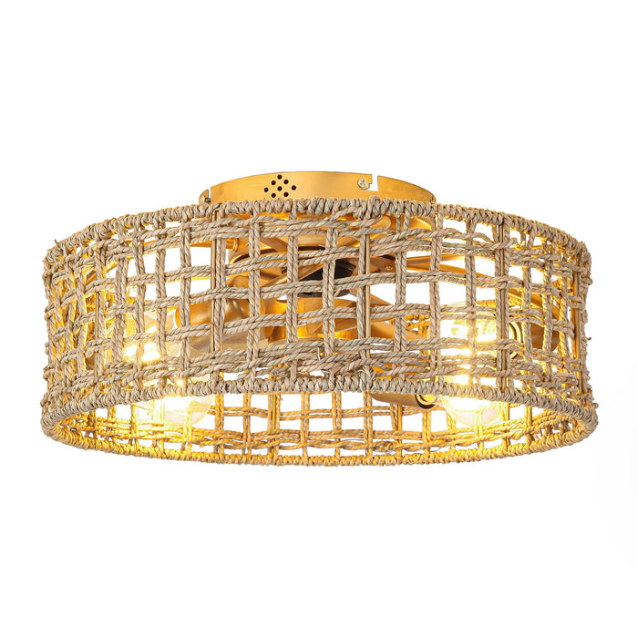 18 Inch Golden Farmhouse Rattan Flush Mount Ceiling Fan with Light APP and Remote Control