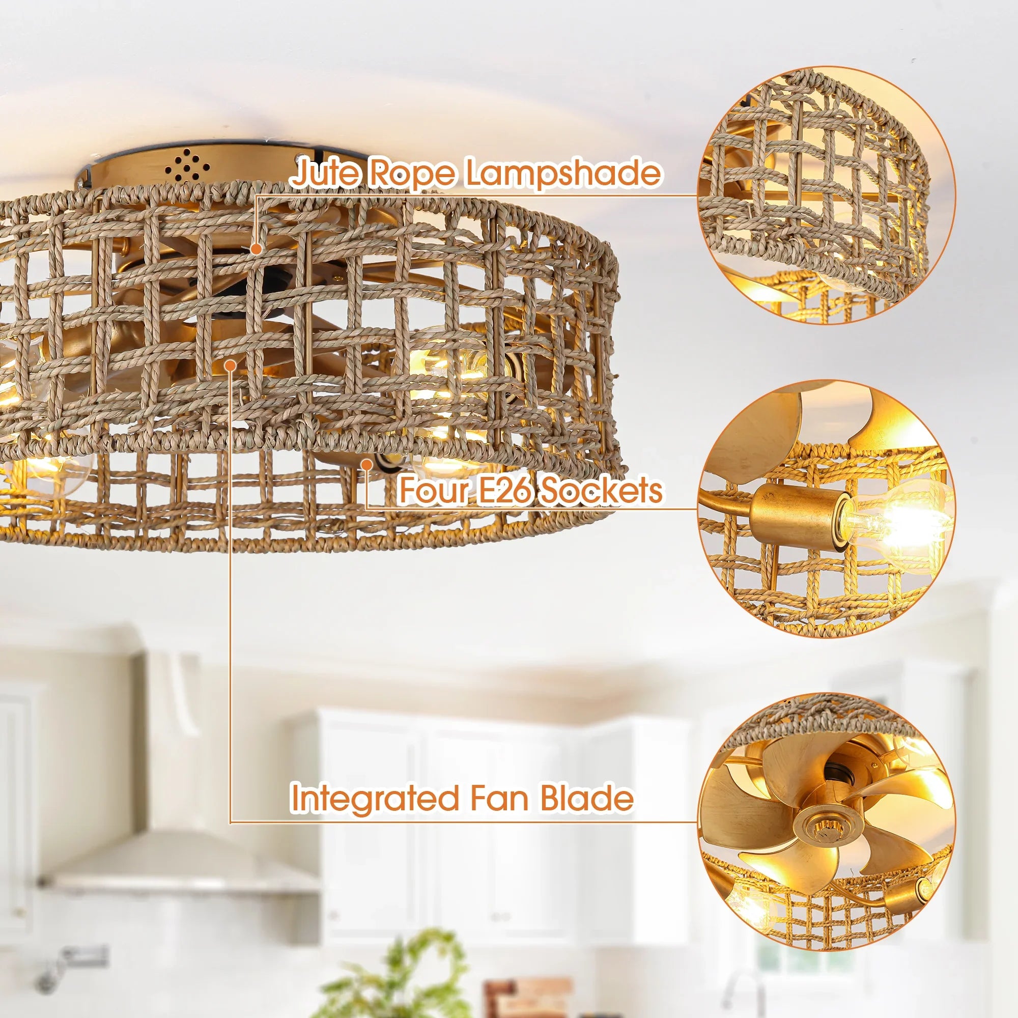 18 Inch Vintage Gold Farmhouse Rattan Flush Mount Ceiling Fan with Light APP and Remote Control