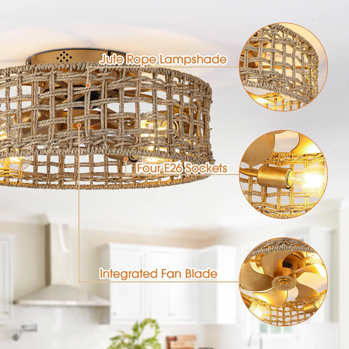 18 Inch Vintage Gold Farmhouse Rattan Flush Mount Ceiling Fan with Light APP and Remote Control