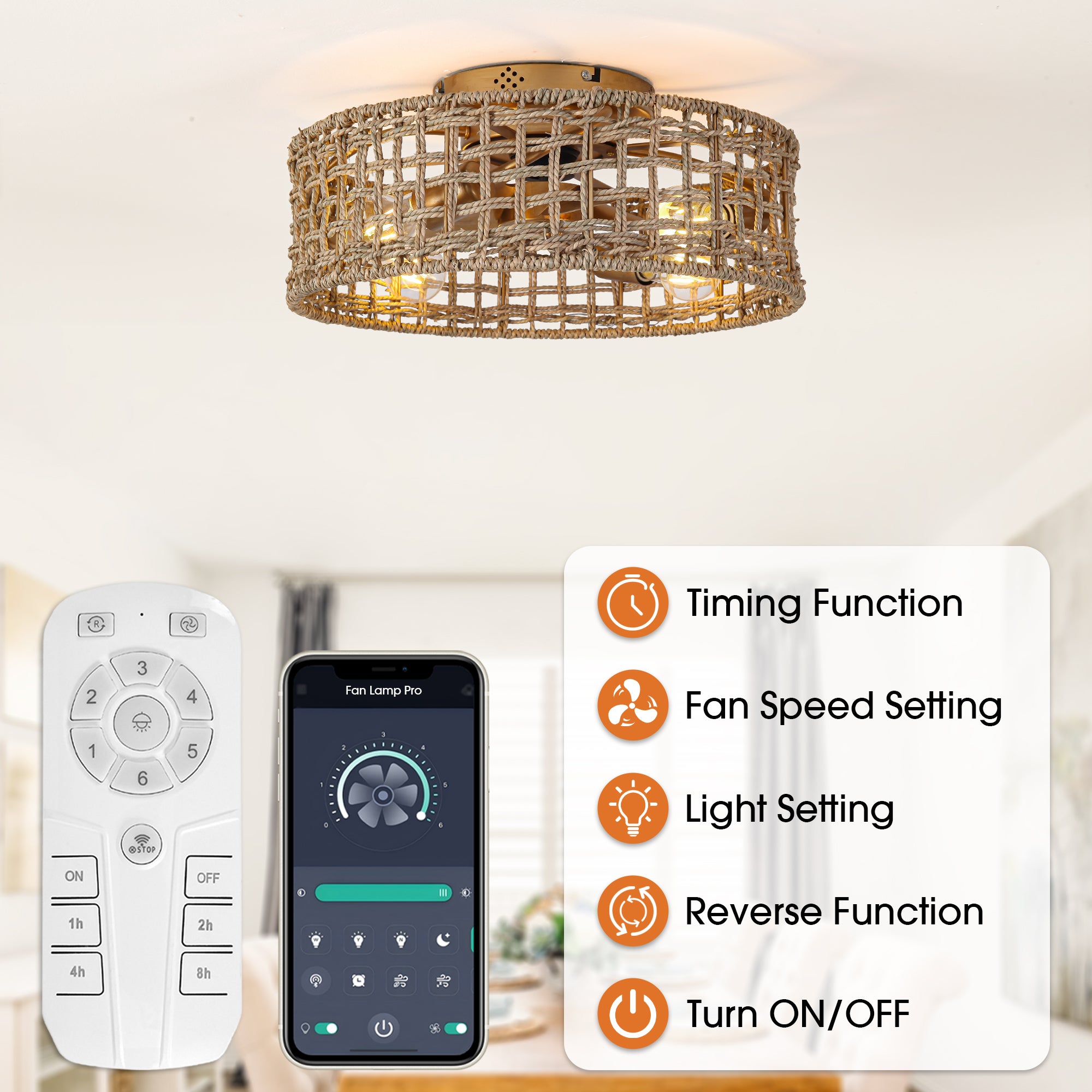 18 Inch Vintage Gold Farmhouse Rattan Flush Mount Ceiling Fan with Light APP and Remote Control