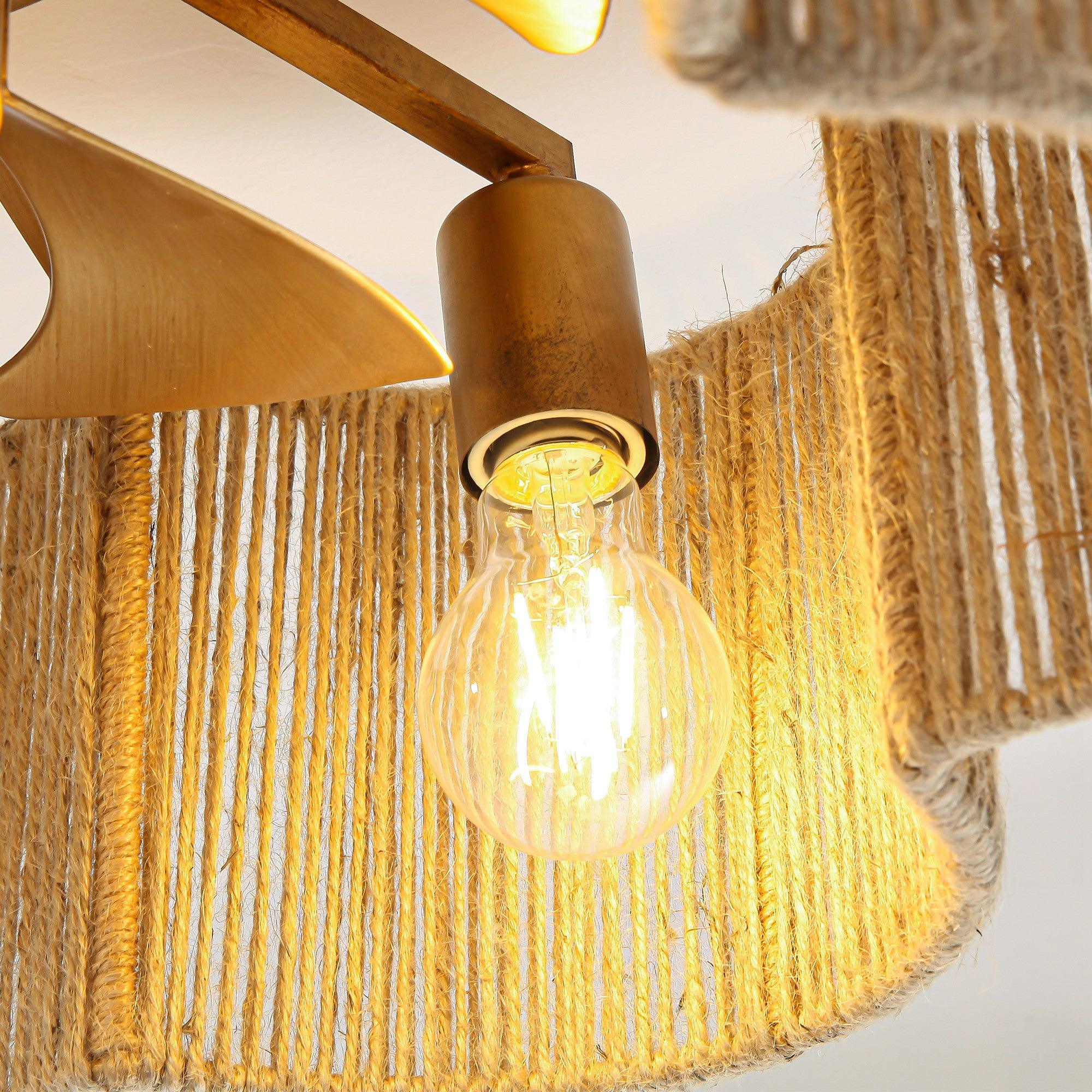 Ventilador de techo de ratán de 21 pulgadas con forma de flor dorada, montaje empotrado, aplicación de luz y control remoto