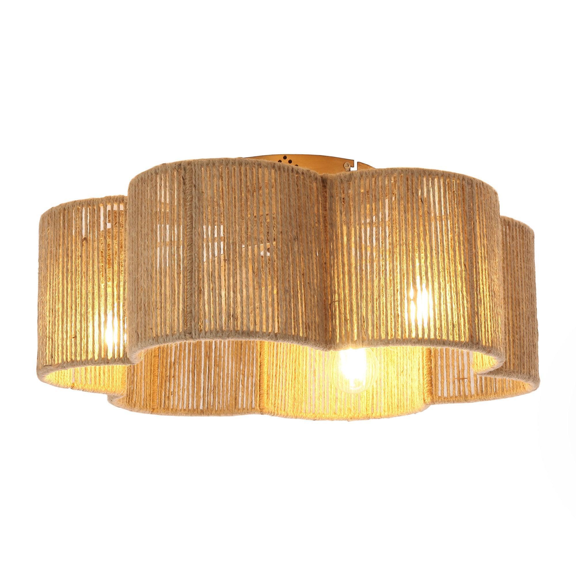 Ventilador de techo de ratán de 21 pulgadas con forma de flor dorada, montaje empotrado, aplicación de luz y control remoto